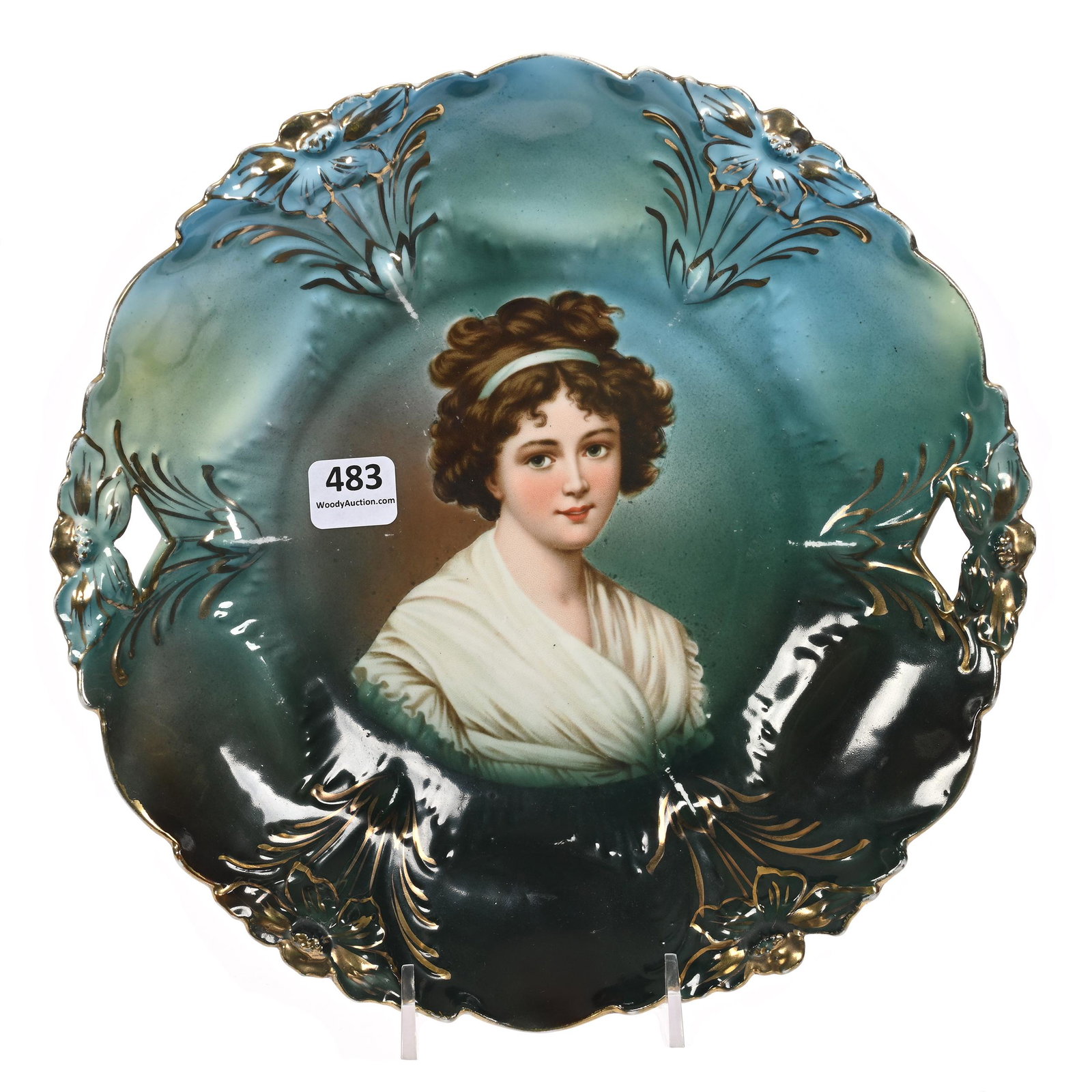 Cake Plate, Unmarked R.S. Prussia: Cake Plate, Unmarked R.S. Prussia, 9.5", Lily Mold, Blue And Green Tones, Lebrun With Ribbon Portrait, Gold Trim Highlights, Marvin & Kay Kraus, NE.