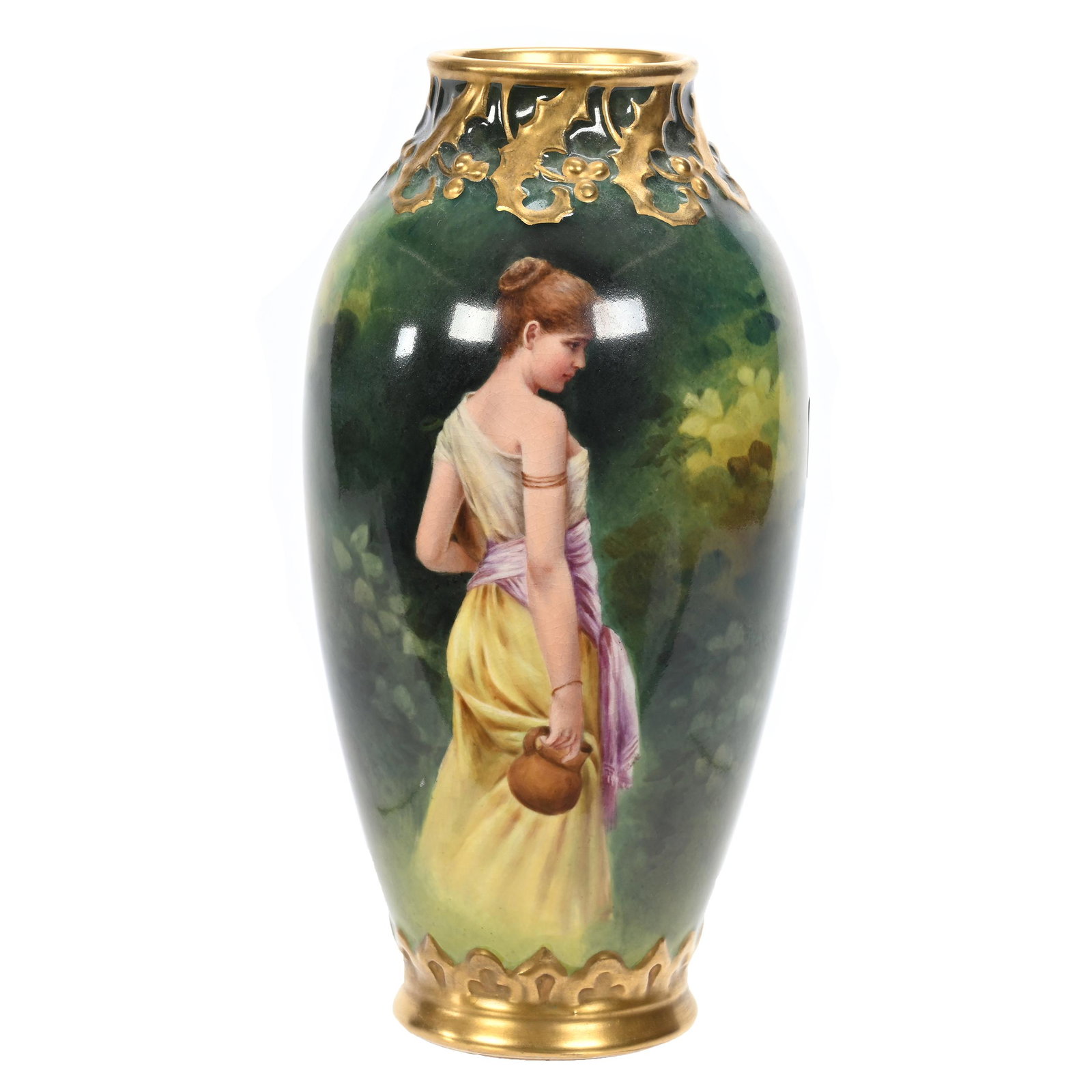 Vase Marked Royal Bonn: Vase Marked Royal Bonn, 8.75" x 4.25", Green And Yellow Tones, Portrait Of Young Girl, Embossed Holly Border, Artist Signed, Elfriede & Marvin Miller Estate, ND.