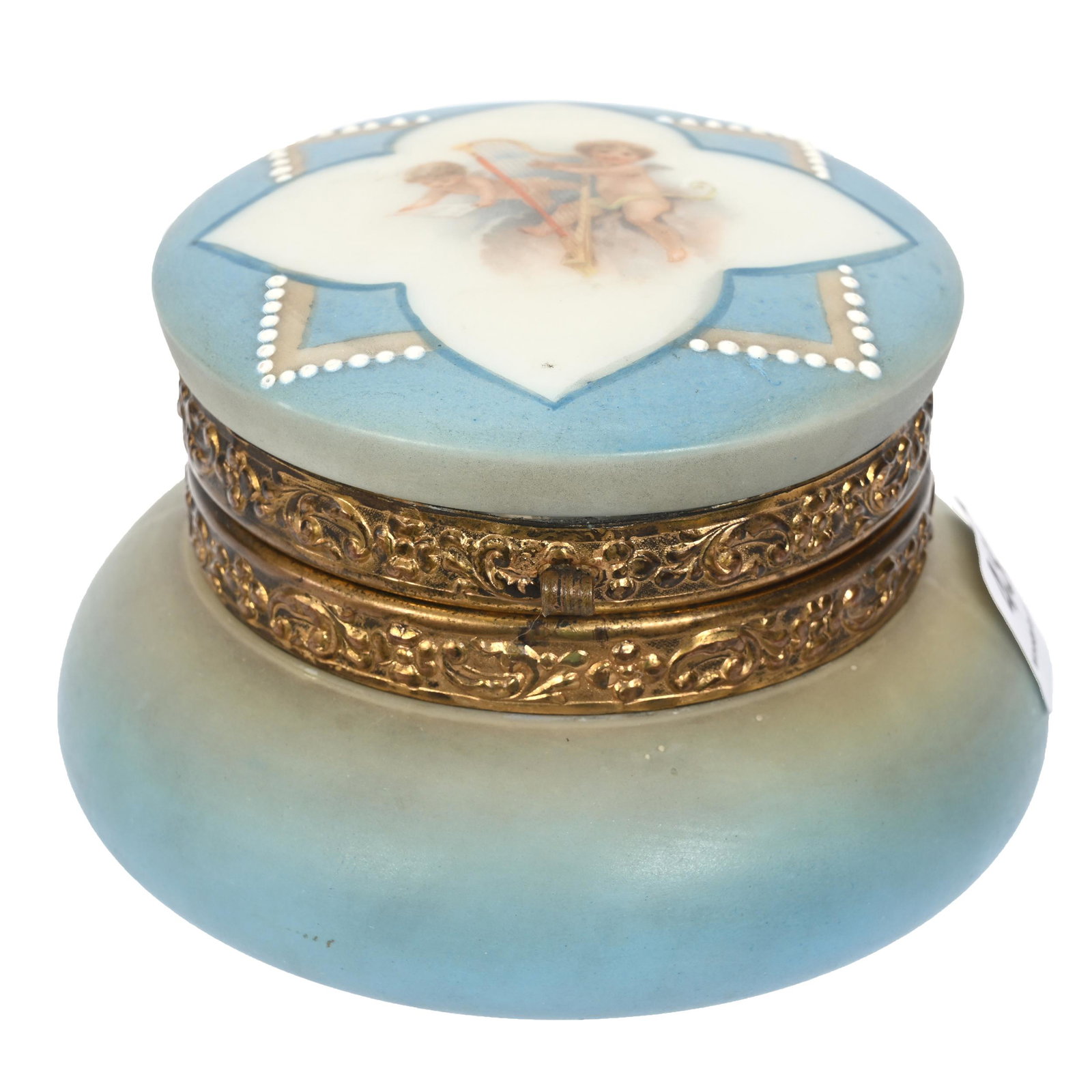 Jewel Box Marked Nakara: Jewel Box Marked Nakara, 2.5" x 3.75", Blue And Cream Tones, Cherub Playing Harp Scenic Decor, White Beaded Enamel Highlights, No Clasp, Clifford Swift Collection, GA.