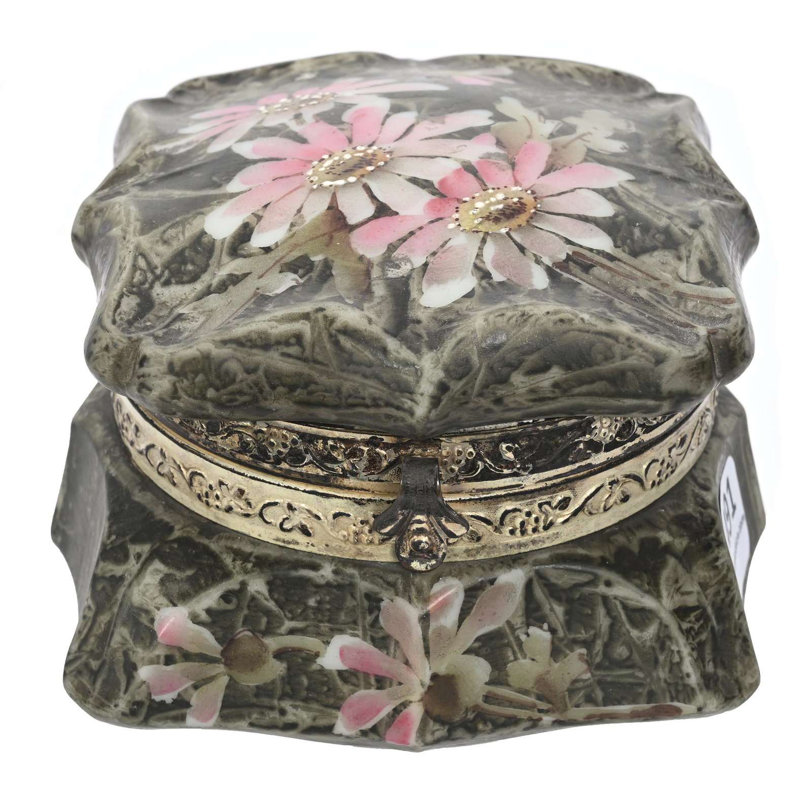 Jewel Box Marked Kelva: Jewel Box Marked Kelva, 3" x 4", Square, Green Mottled Ground, Pink Floral Decor, Original Lining, Clifford Swift Collection, GA.