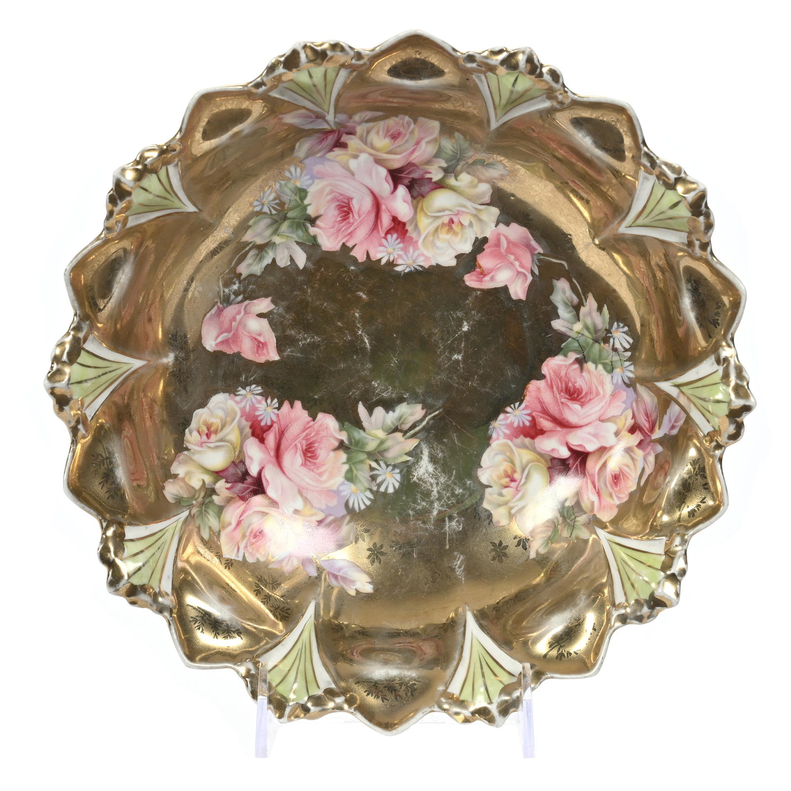 Bowl, Unmarked R.S. Prussia: Bowl, Unmarked R.S. Prussia, 10", Sawtooth Mold, Gold Background, Pink And Yellow Rose Decor, Light Wear, Marvin & Kay Kraus, NE.
