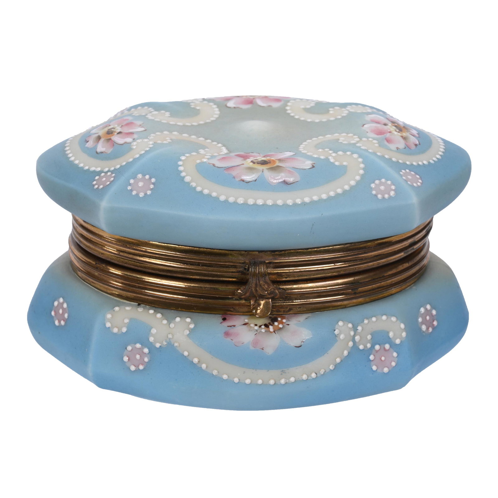 Oval Jewel Box Marked Nakara: Oval Jewel Box Marked Nakara, 3" x 5.25", Blue And Cream Tones, Pink Floral Decor, White Beaded Enamel Highlights, Original Lining, Clifford Swift Collection, GA.