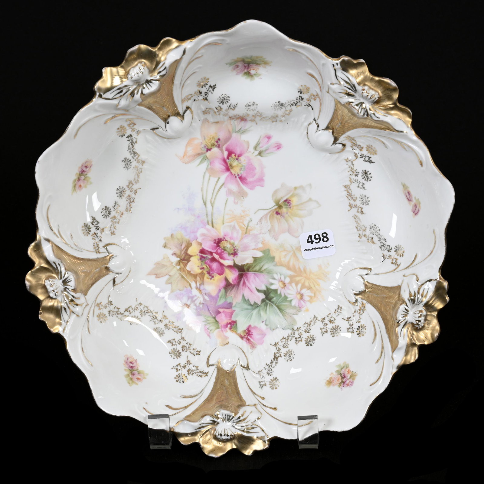 Bowl, Unmarked R.S. Prussia: Bowl, Unmarked R.S. Prussia, 10.5", Lily Mold, White With Wild Floral Decor, Gold Trim Highlights, Marvin & Kay Kraus, NE.