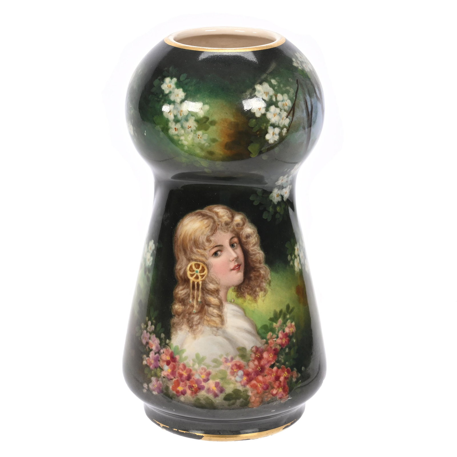 Vase Marked Royal Bonn: Vase Marked Royal Bonn, 7.75" x 4", Portrait Of Young Girl With Brooch In Hair, Surrounded By Beautiful Lake Decor, Artist Signed, Elfriede & Marvin Miller Estate, ND.