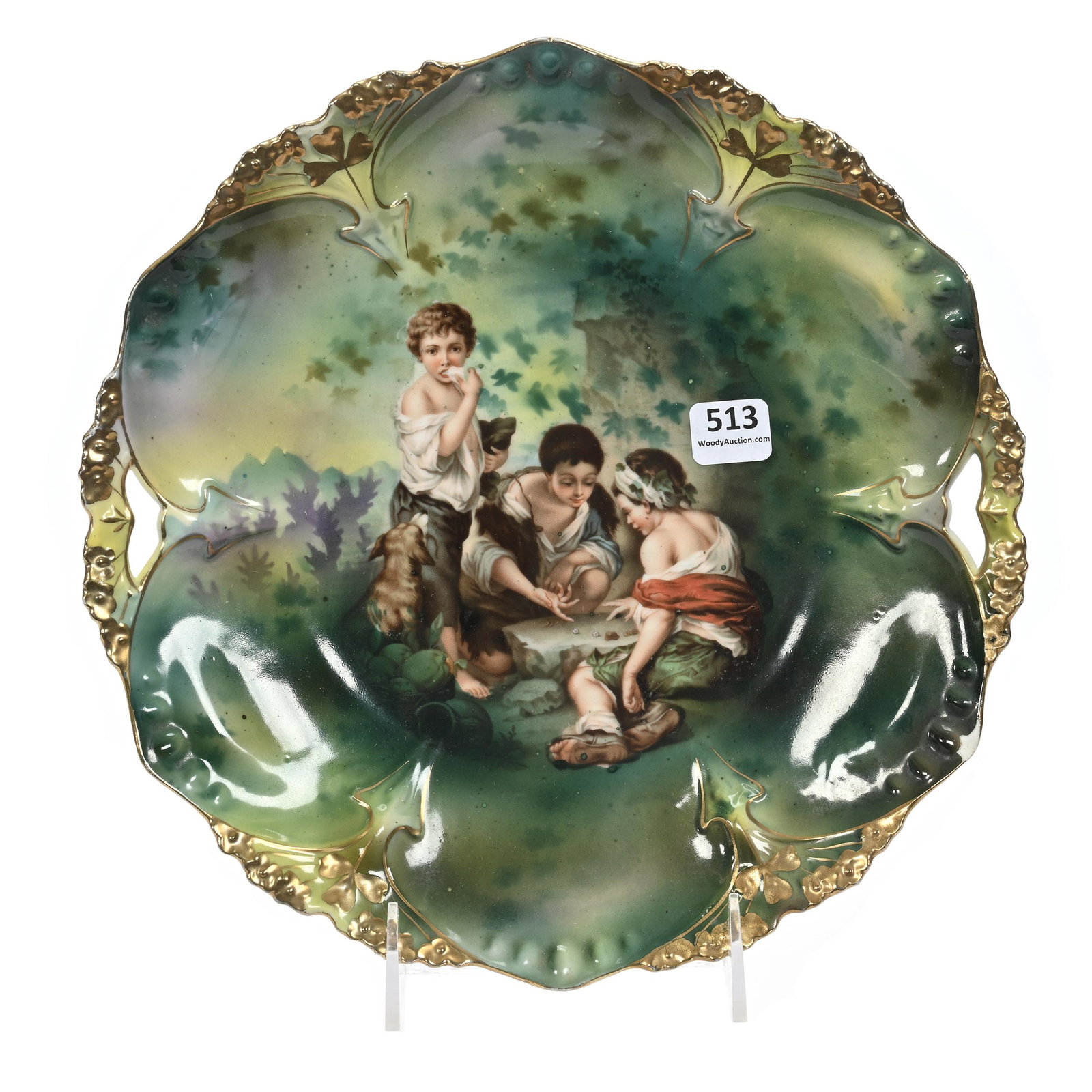 Cake Plate Marked R.S. Prussia: Cake Plate Marked R.S. Prussia, 10.25", Point And Clover Mold, Green And Yellow Tones, Dice Throwers Scenic Decor, Rim Chip, Marvin & Kay Kraus, NE.