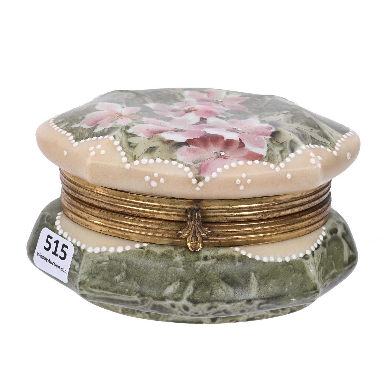 Oval Jewel Box Marked Kelva: Oval Jewel Box Marked Kelva, 3" x 5.25", Mottled Green And Cream Tones, Pink Floral Decor, White Beaded Enamel Highlights, Clifford Swift Collection, GA.