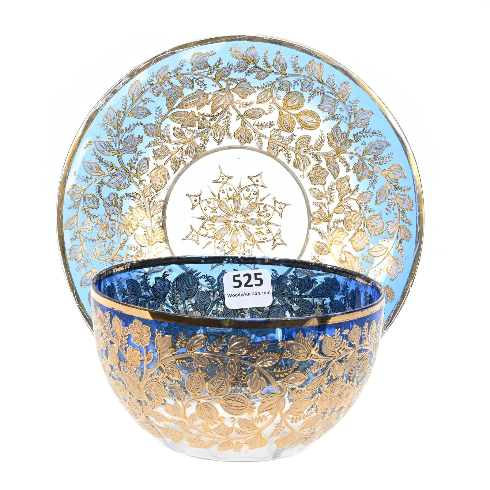 Finger Bowl/Underplate, Art Glass: Finger Bowl/Underplate, Art Glass, 3.25" x 6.75", Blue Shading To Clear, Heavy Gold Enamel Floral Decor, Marvin & Kay Kraus, NE.