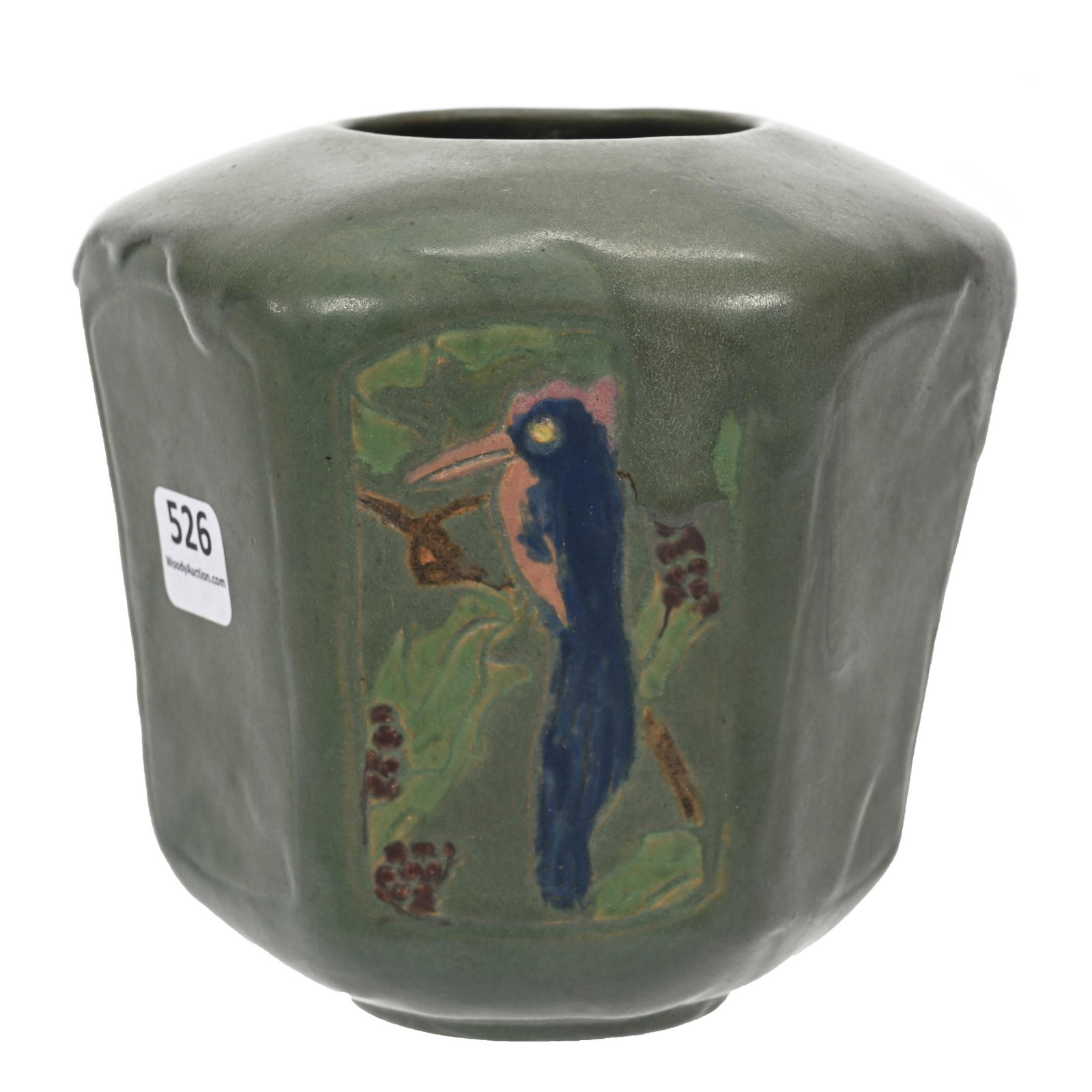 Vase, American Art Pottery: Vase, American Art Pottery, 5" x 5.25", Kingfisher And Vintage Design On Panels, Heavy Green Glaze, Marked On Base But Unable To Identify Maker, Small Interior Rim Nick, Elfriede & Marvin Miller Estat