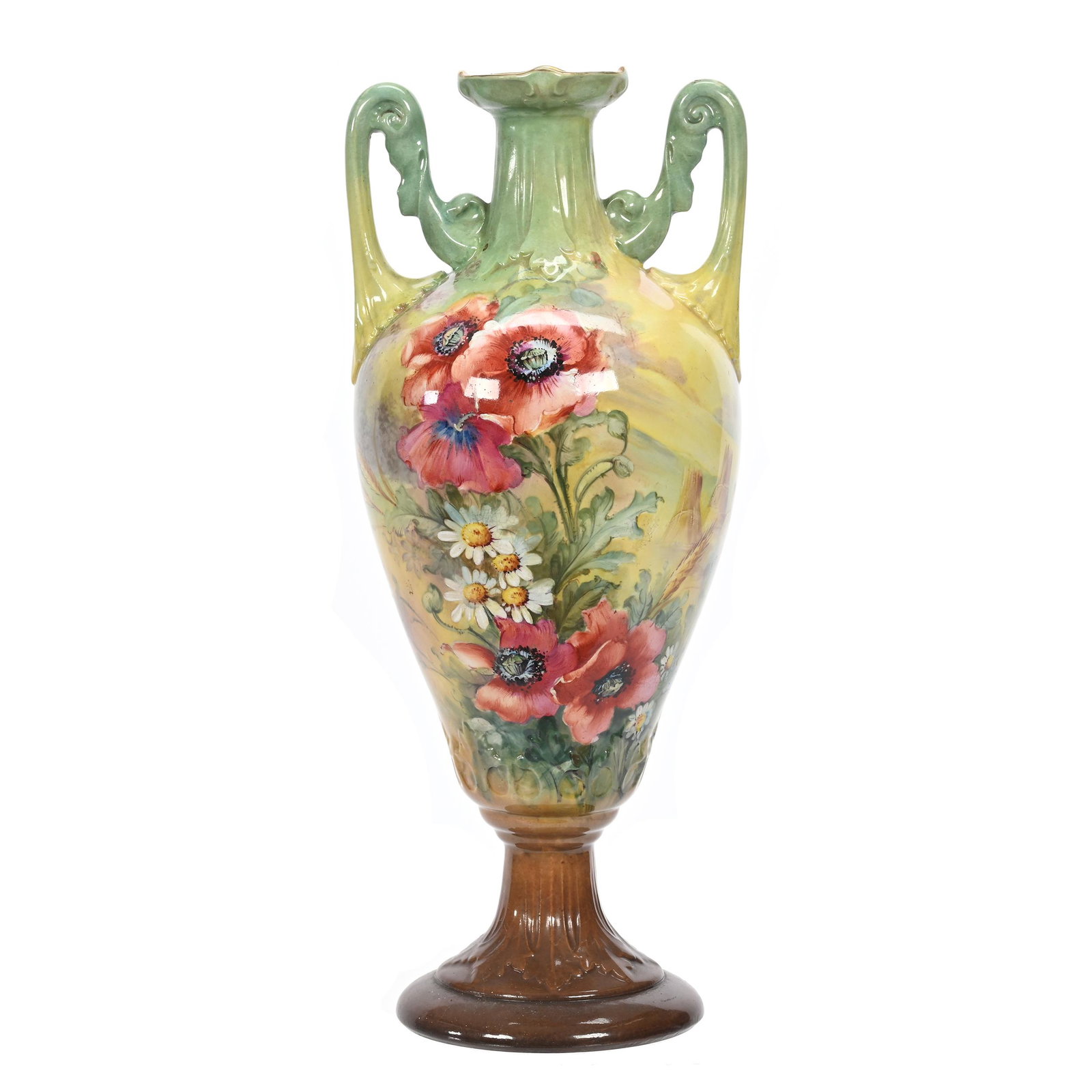 Pedestal Vase Marked Royal Bonn: Pedestal Vase Marked Royal Bonn, 14.25" x 6", Green, Yellow And Brown Tones, Poppy And Daisy Decor, Artist Signed, Elfriede & Marvin Miller Estate, ND.