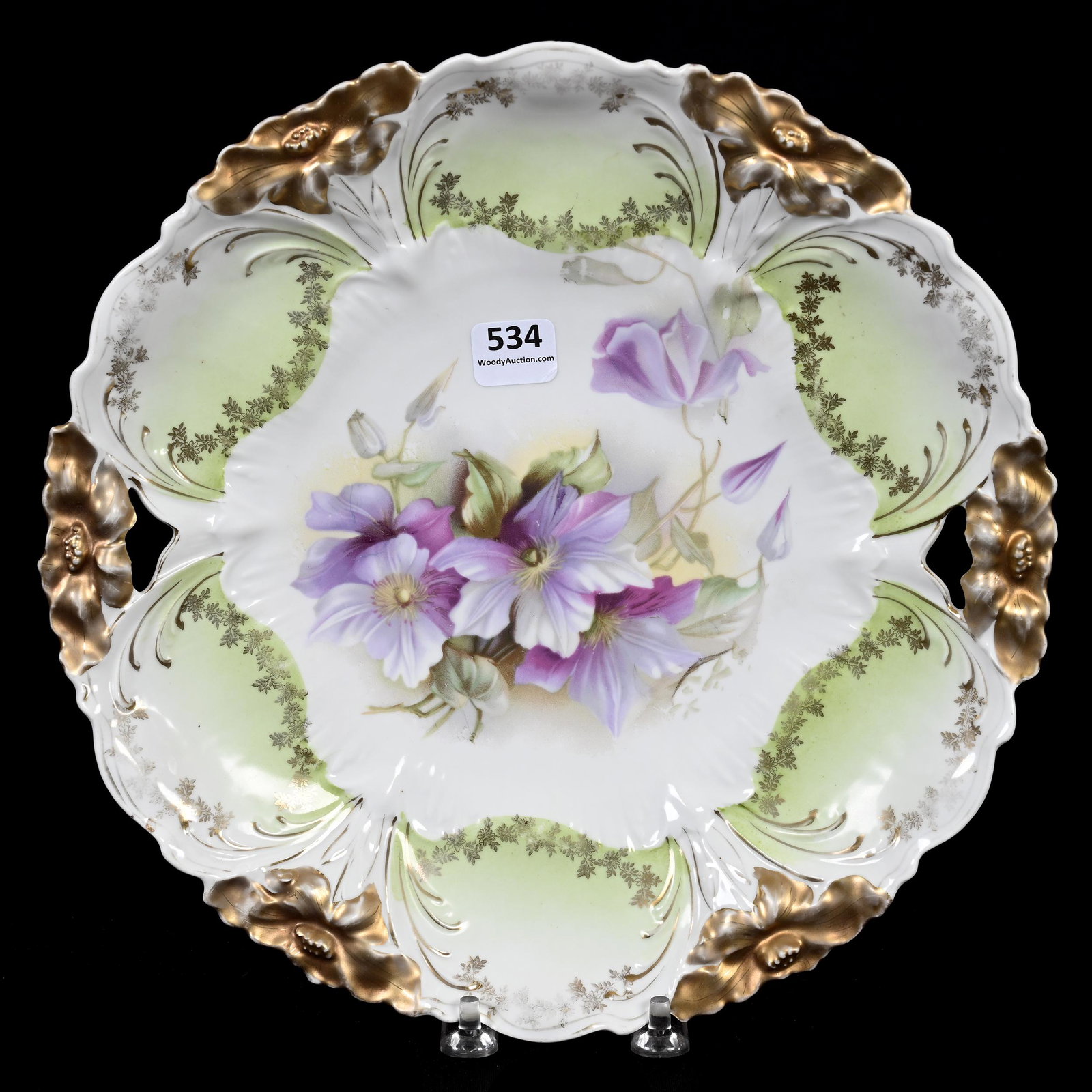 Cake Plate, Unmarked R.S. Prussia: Cake Plate, Unmarked R.S. Prussia, 10.5", Lily Mold, White And Green Tones, Violet Decor, Gold Trim Highlights, Marvin & Kay Kraus, NE.