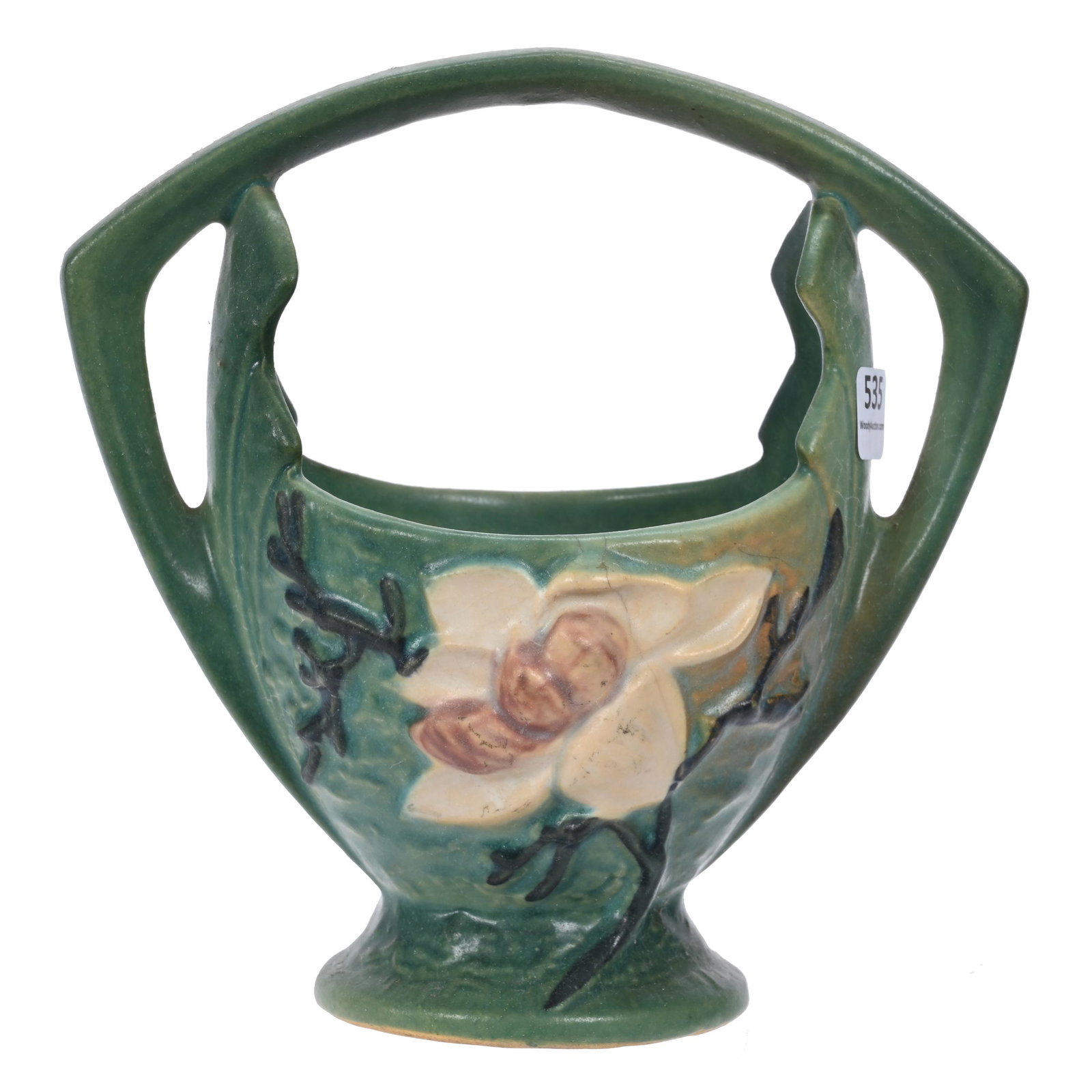 Basket, Roseville #383-7" Art Pottery: Basket, Roseville #383-7" Art Pottery, 7", Magnolia Pattern, Green Tones, Old Hairline, Elfriede & Marvin Miller Estate, ND.