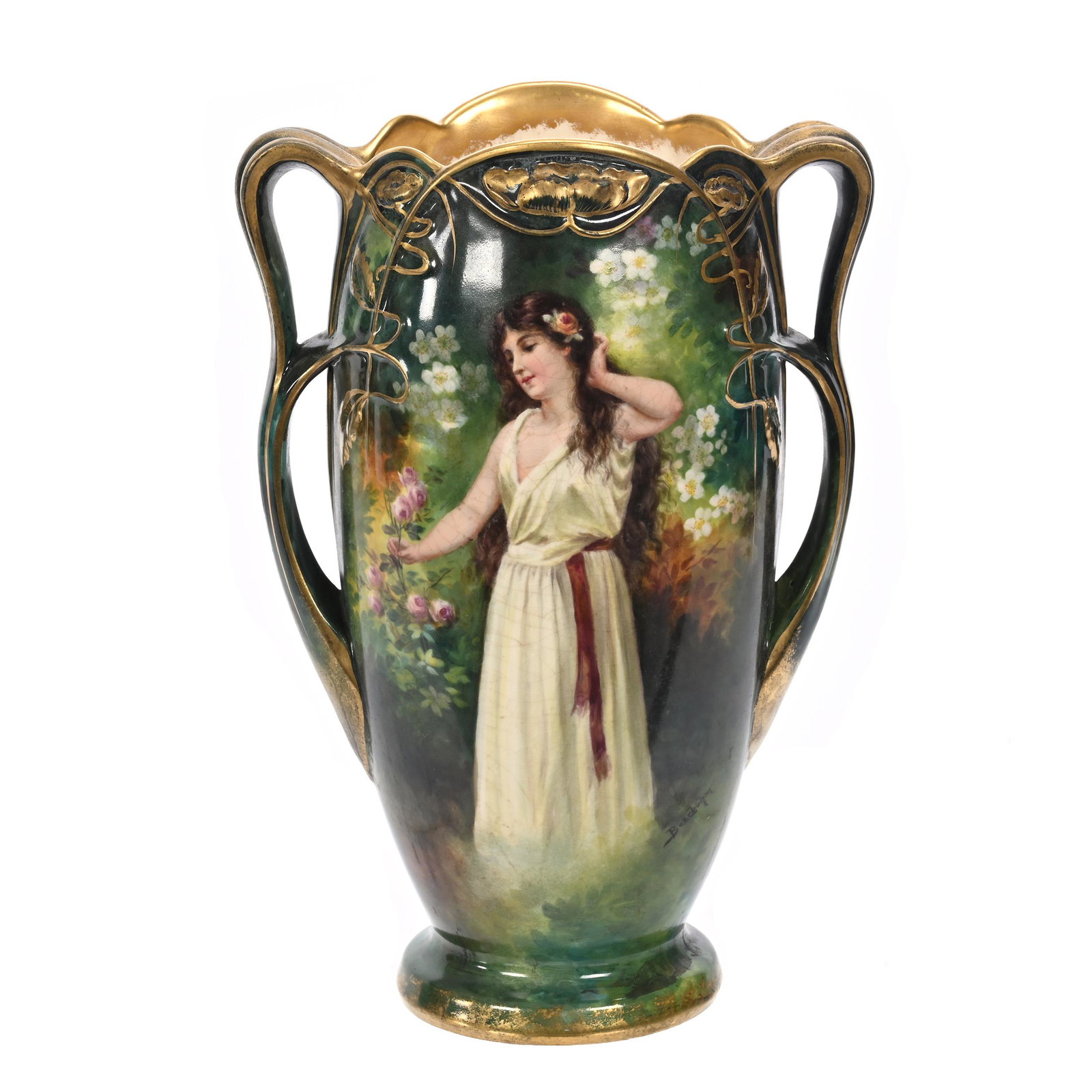 Vase Marked Royal Bonn: Vase Marked Royal Bonn, 11.5" x 8", Green And Yellow Tones, Scene Of Woman Picking Flowers, Lake Side Decor On Reverse, Nice Example, Artist Signed, Elfriede & Marvin Miller Estate, ND.