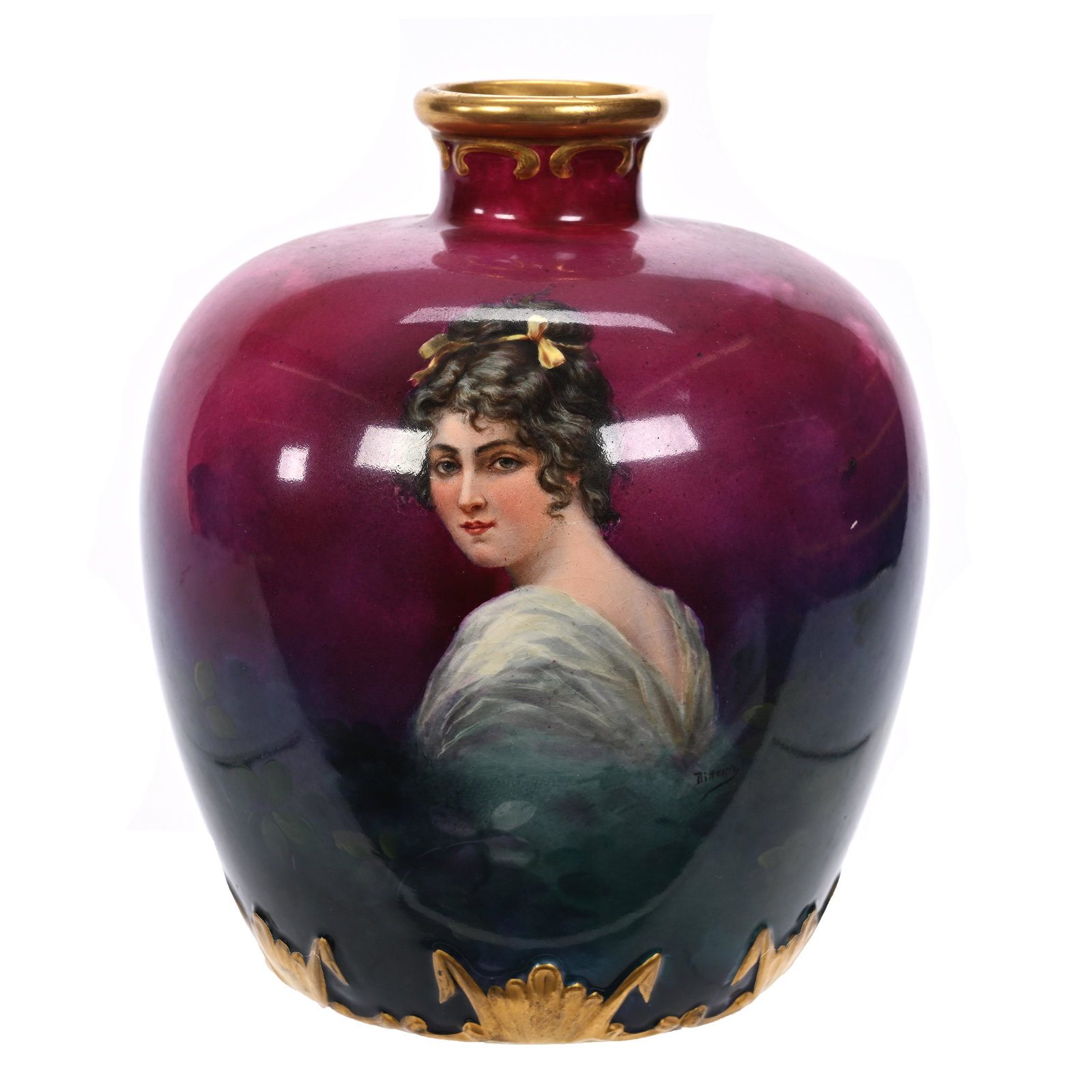Vase Marked Royal Bonn: Vase Marked Royal Bonn, 7" x 5.5", Lavender Shading To Green Tones, Portrait Of Young Woman, Nice Gold Trim Highlights, Artist Signed, Elfriede & Marvin Miller Estate, ND.