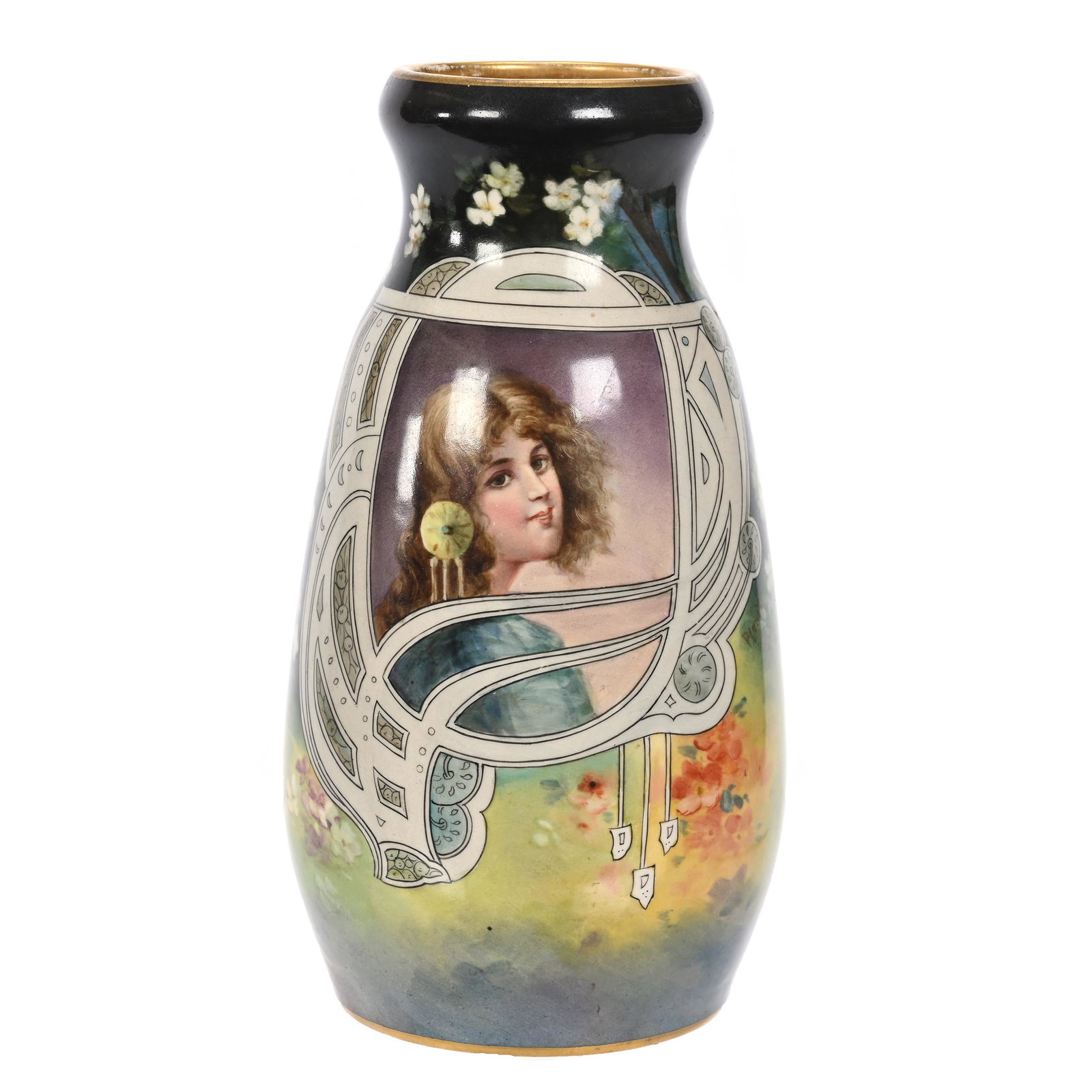 Vase Marked Royal Bonn: Vase Marked Royal Bonn, 8.25" x 4.25", Art Nouveau Medallion Scene Of Young Woman, Lake Side Scenic Decor On Reverse, Artist Signed, Elfriede & Marvin Miller Estate, ND.