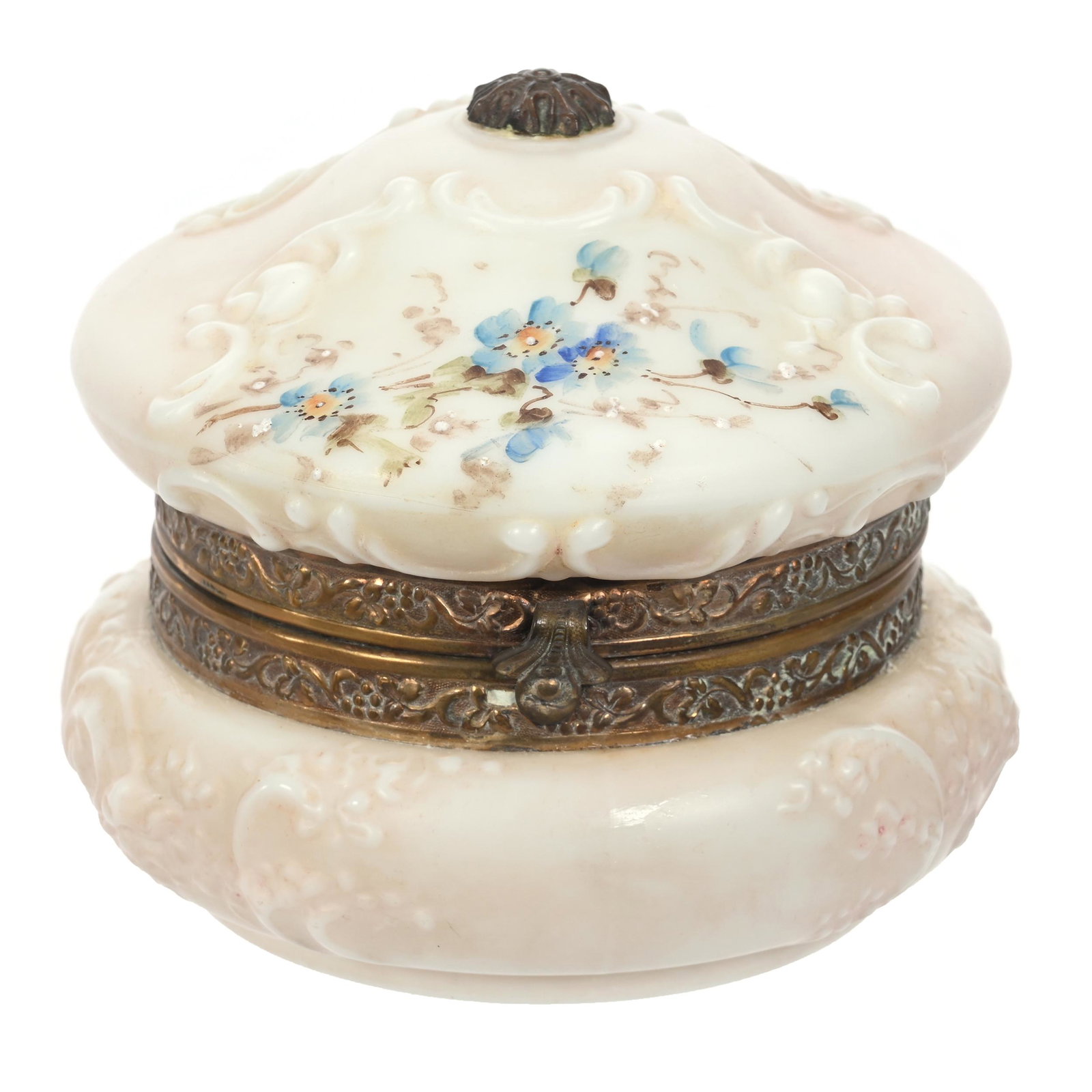 Jewel Box, Wave Crest Stamp Mark: Jewel Box, Wave Crest Stamp Mark, 4" x 4", Seafoam And Floral Mold, Blue Floral Decor, Metal Finial, Clifford Swift Collection, GA.