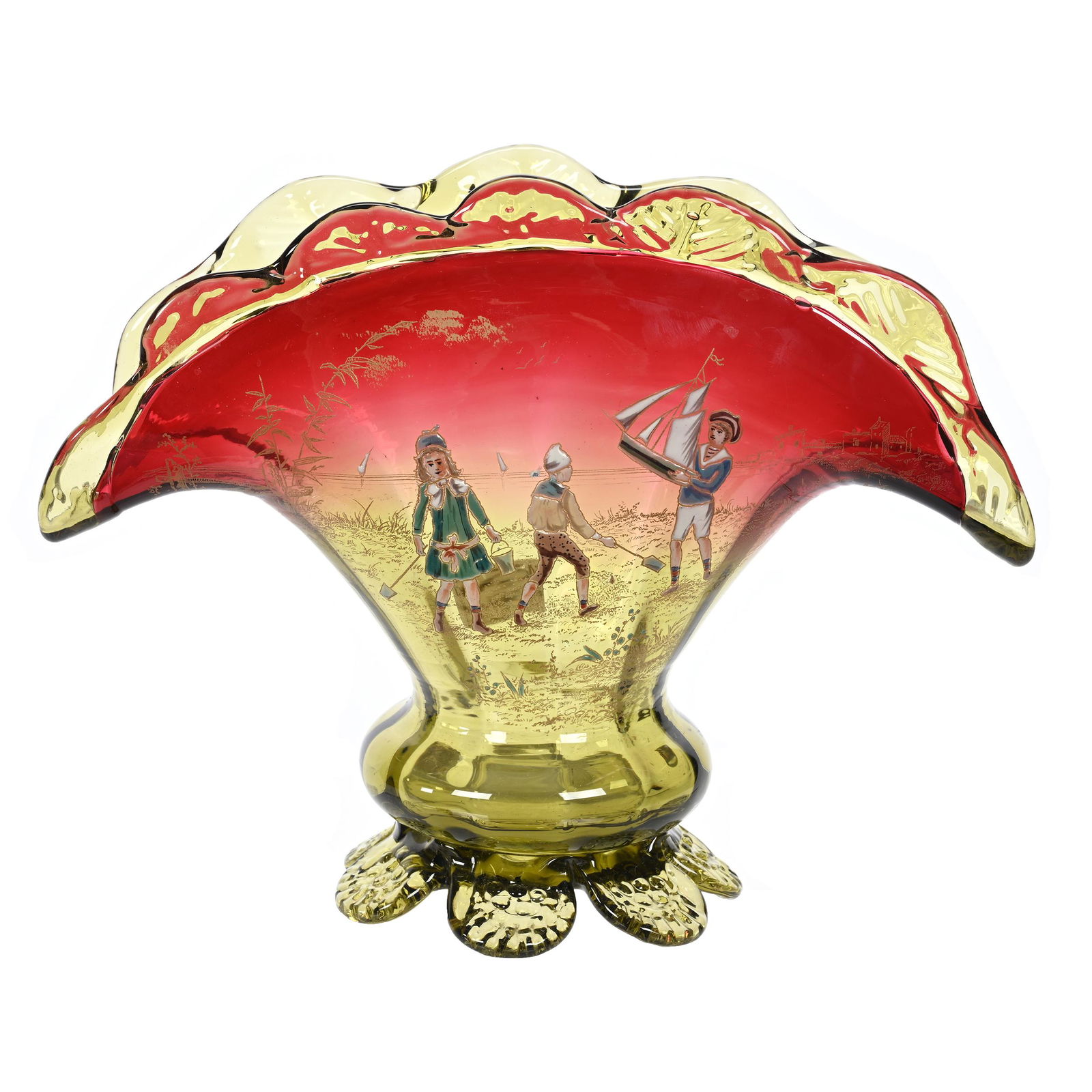 Vase, Fan Shape, Rubina Verde Art Glass, Decorated (1 of 3)