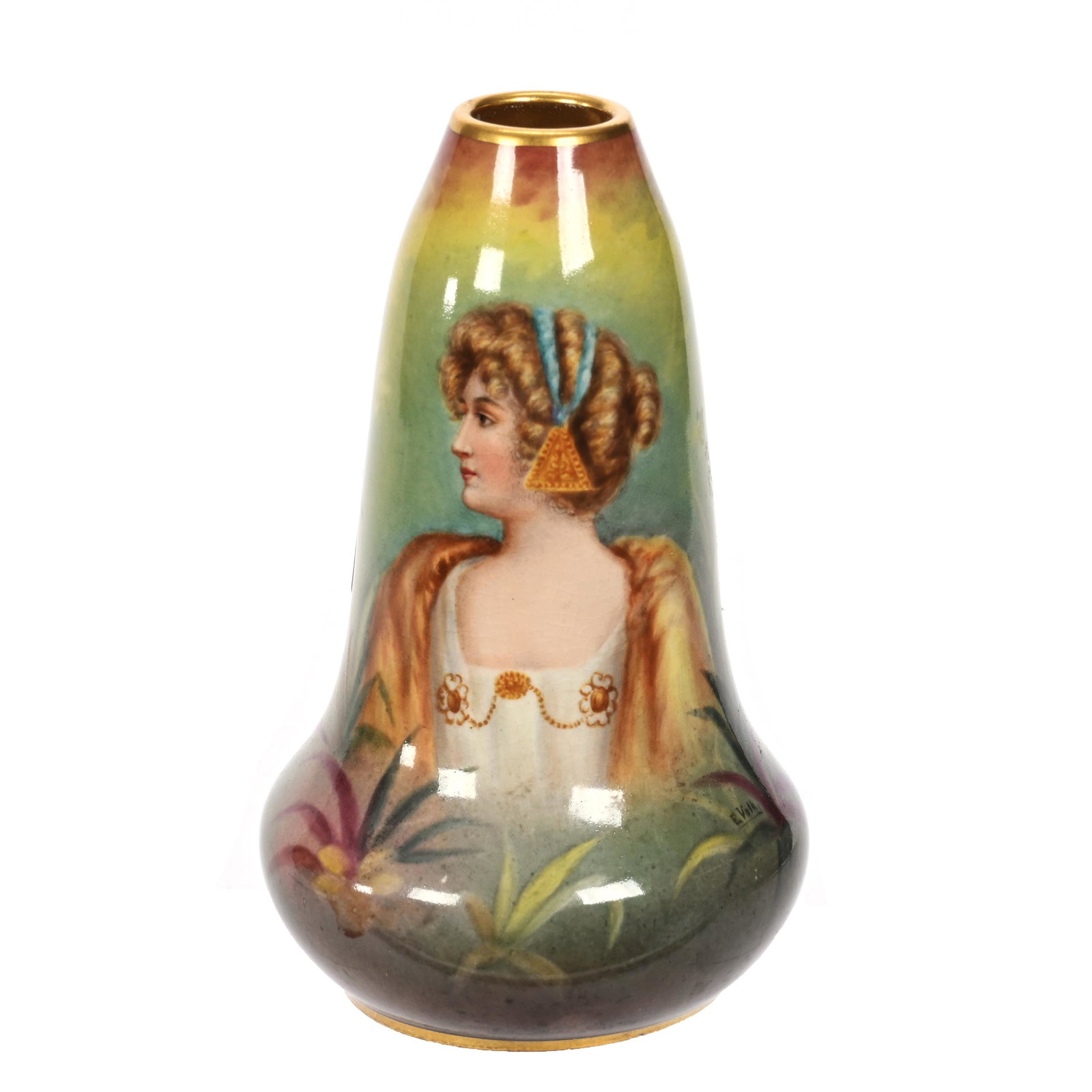 Vase Marked Royal Bonn: Vase Marked Royal Bonn, 5.5" x 3.25", Portrait Of Young Woman, Yellow, Green, Brown And Pink Tones, Artist Signed, Elfriede & Marvin Miller Estate, ND.