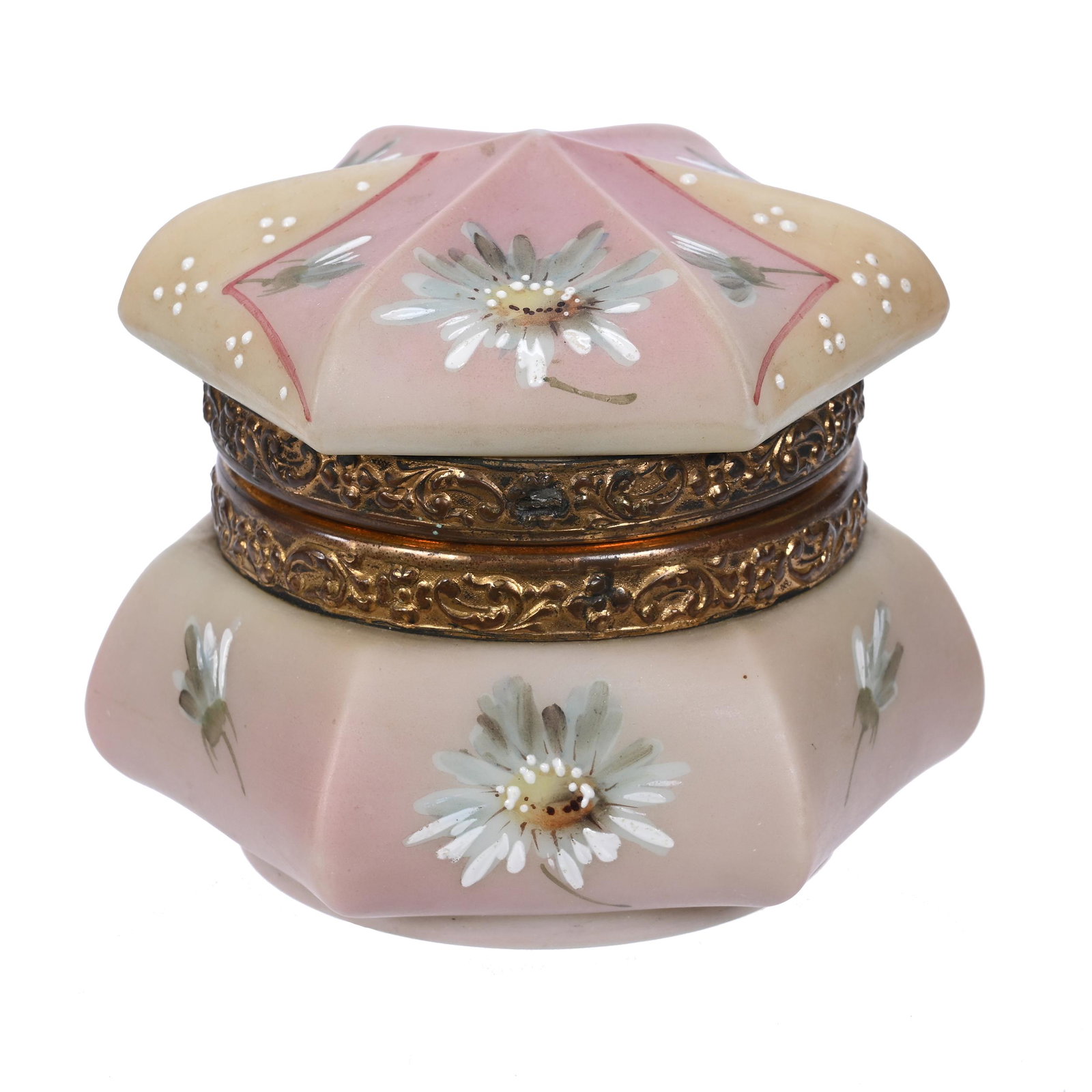 Jewel Box Marked Nakara: Jewel Box Marked Nakara, 3.25" x 3.75", Pink And Yellow Tones, Blue Floral Decor, White Enamel Beaded Highlights, Original Lining, No Clasp, Clifford Swift Collection, GA.