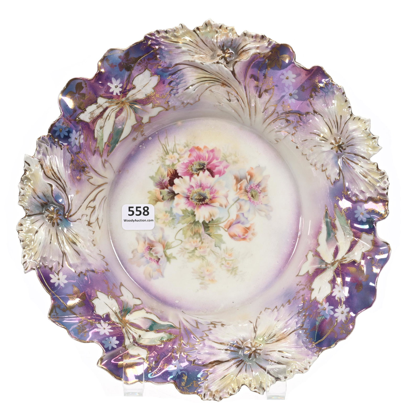 Bowl Marked R.S. Prussia: Bowl Marked R.S. Prussia, 9.75", Carnation Mold, Lavender And White Luster Finish, Wild Poppy Decor, Rim Chip, Marvin & Kay Kraus, NE.