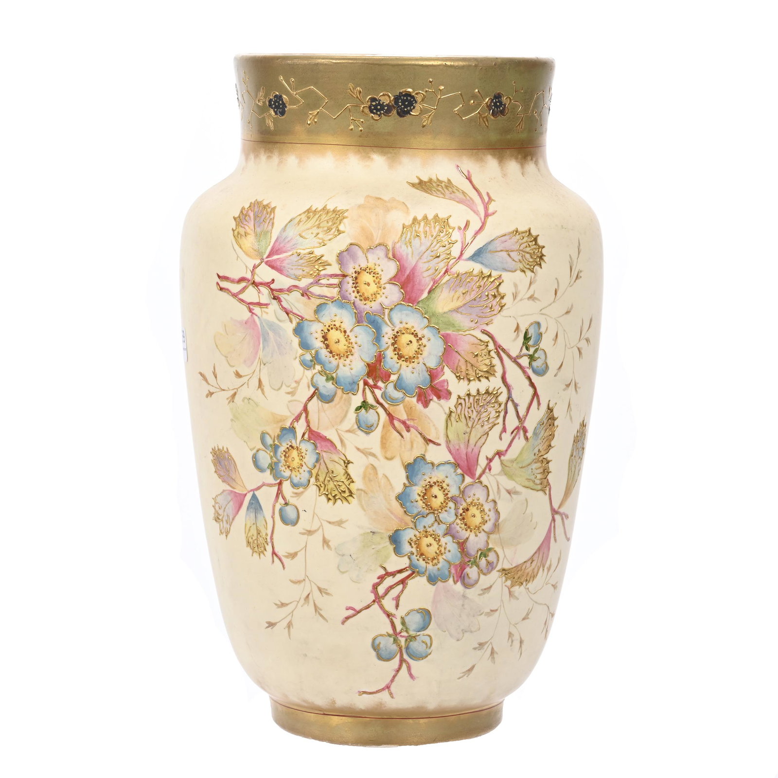 Vase Marked Royal Bonn: Vase Marked Royal Bonn, 13.5" x 8.25", Cream Tones, Green Border, Colorful Floral Blossom And Branch Decor, Elfriede & Marvin Miller Estate, ND.