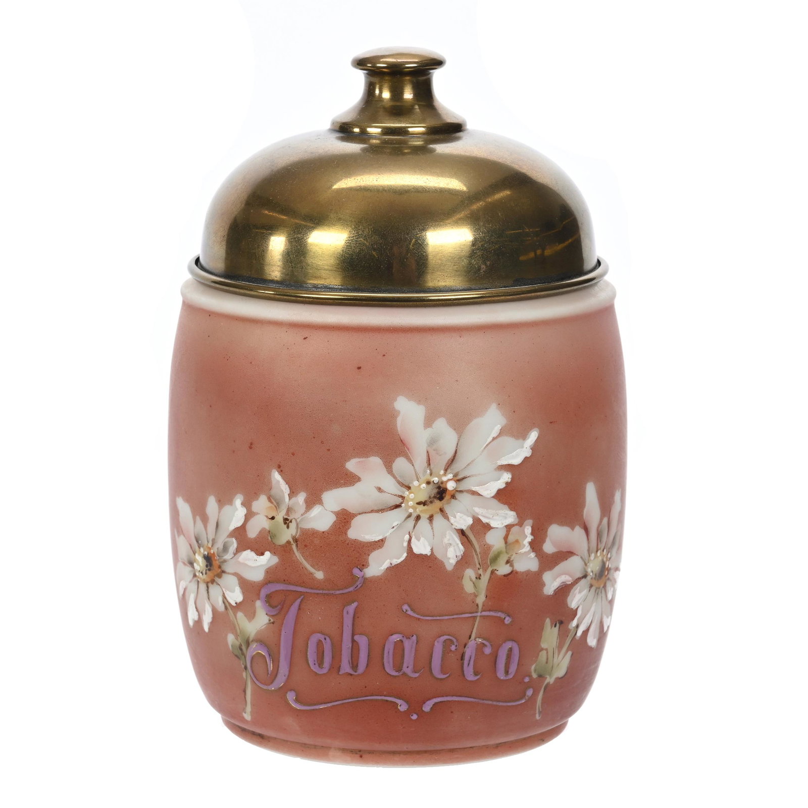 Tobacco Jar, Unmarked Nakara: Tobacco Jar, Unmarked Nakara, 6.25" x 4", Pinkish Brown With Pink Floral Decor, Brass Lid, Enameled "Tobacco", Clifford Swift Collection, GA.