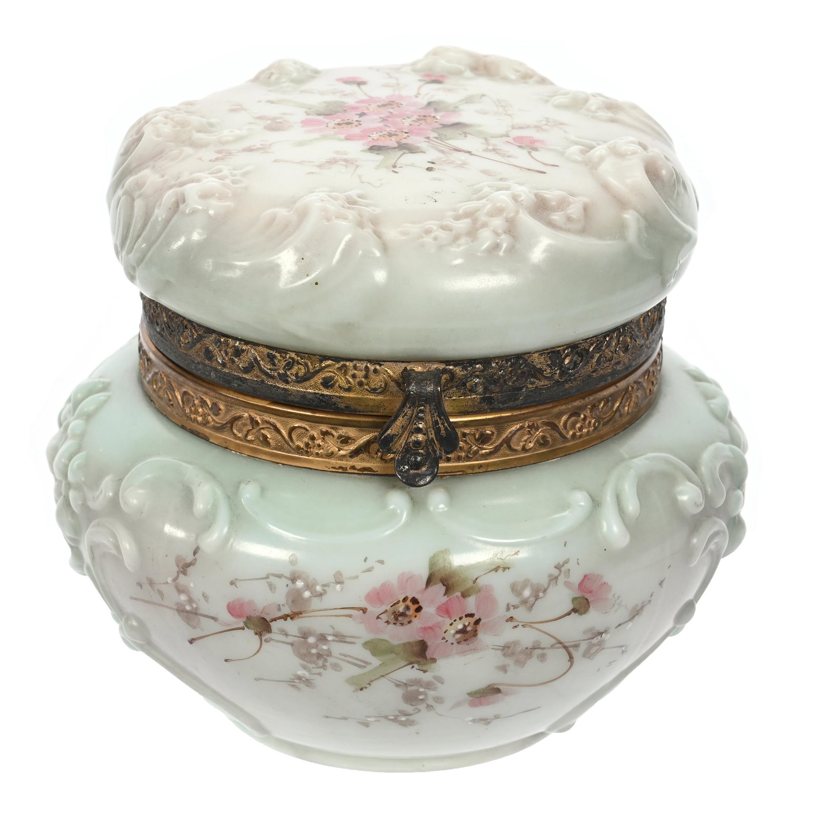Jewel Box, Wave Crest Stamp Mark: Jewel Box, Wave Crest Stamp Mark, 4.25" x 4.5", Blue, Pink And White With Pink Floral Decor, Seafoam, Floral And Scroll Mold, Original Lining, Clifford Swift Collection, GA.