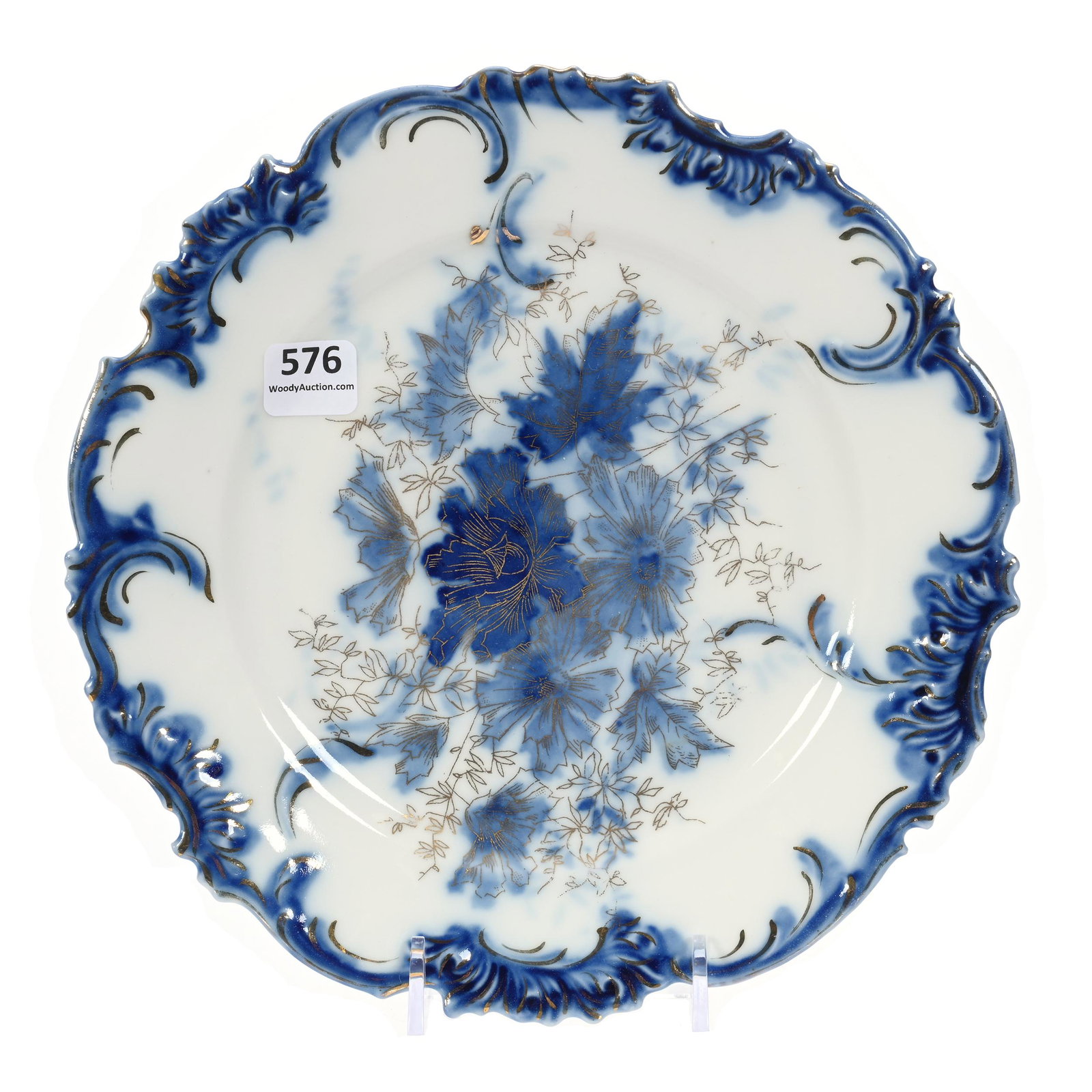 Plate Marked Crown Germany: Plate Marked Crown Germany, 8.75", White With Cobalt Blue Floral Decor, Gold Stencil Highlights, Marvin & Kay Kraus, NE.