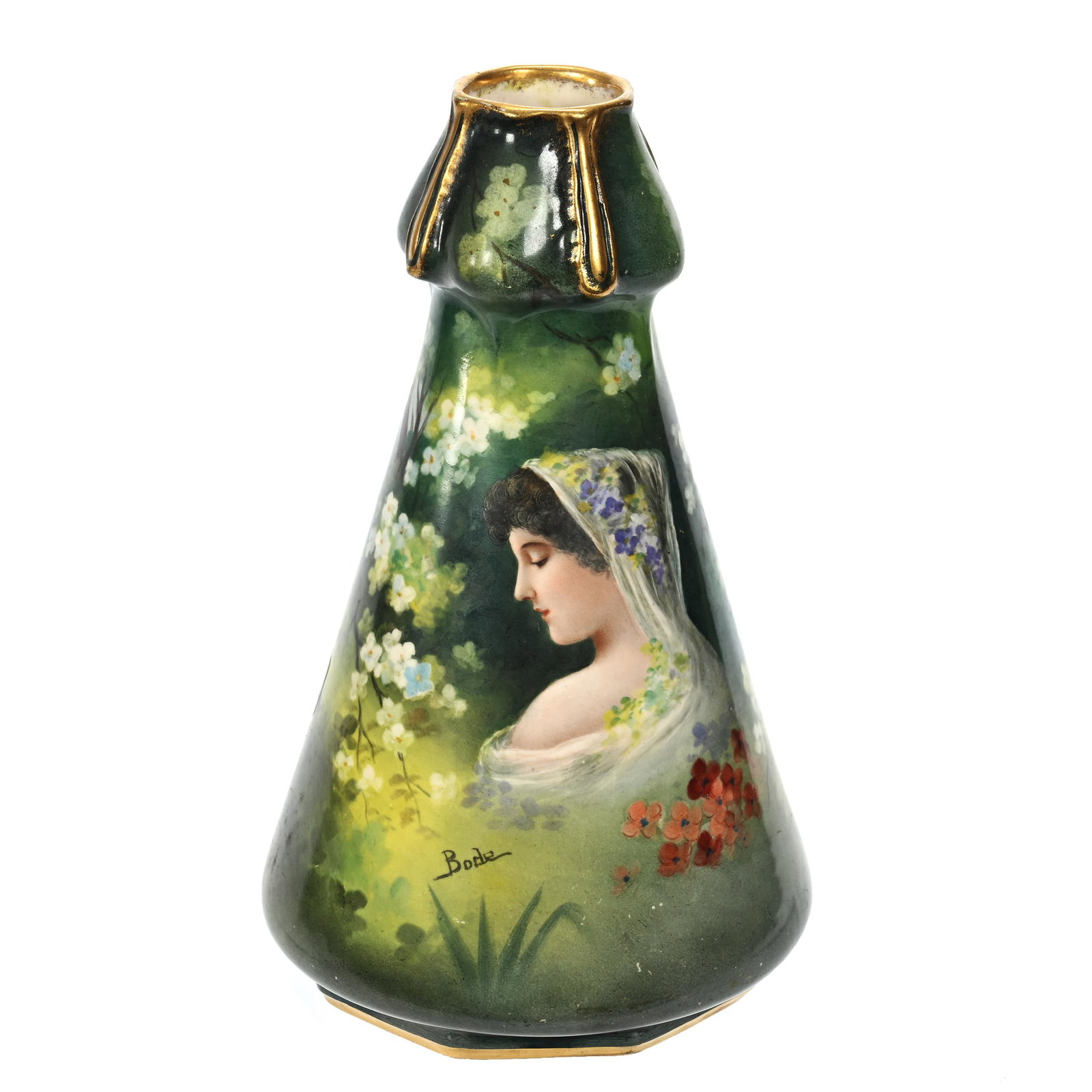 Tapered Vase Marked Royal Bonn: Tapered Vase Marked Royal Bonn, 9.5" x 5.5", Young Woman Wearing Veil, Lake Side Scenic Decor On Reverse, Artist Signed Bode, Elfriede & Marvin Miller Estate, ND.