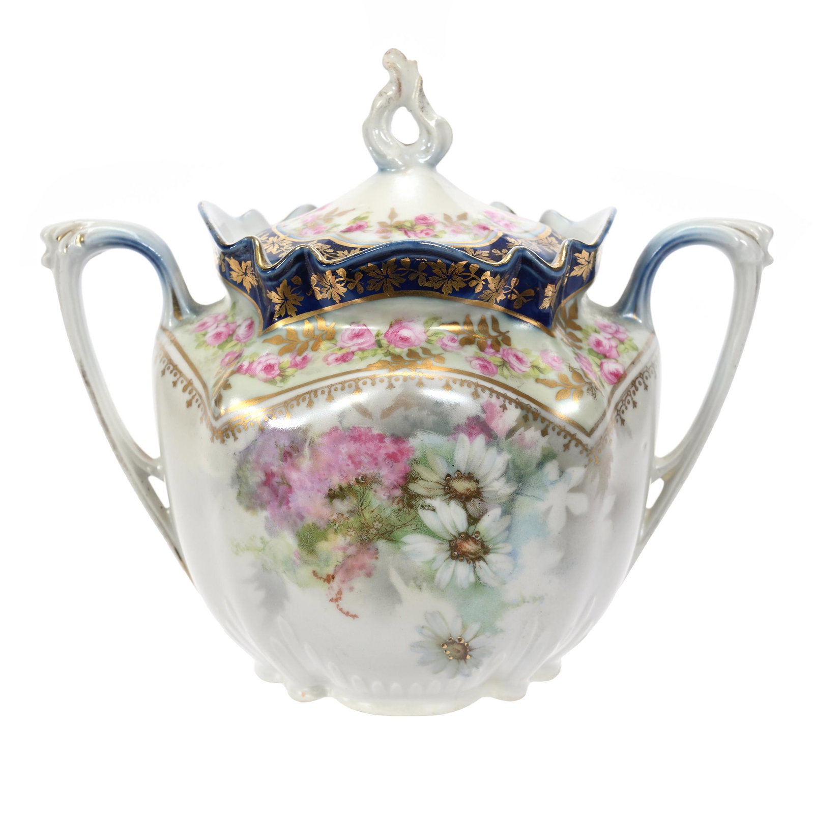 Sugar Bowl, Unmarked R.S. Prussia: Sugar Bowl, Unmarked R.S. Prussia, 5.25" x 6", White Satin Finish, Cobalt Blue Border, Floral Decor, Marvin & Kay Kraus, NE.