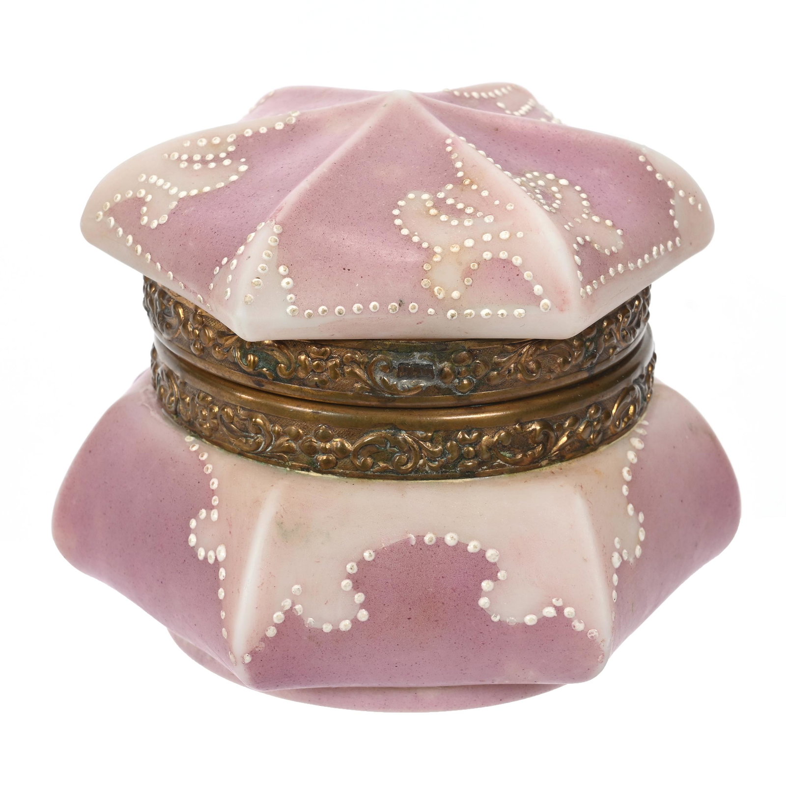Jewel Box Marked Nakara: Jewel Box Marked Nakara, 3.25" x 3.75", Two-Tone Pink, White Enamel Beaded Highlights, No Clasp, Clifford Swift Collection, GA.
