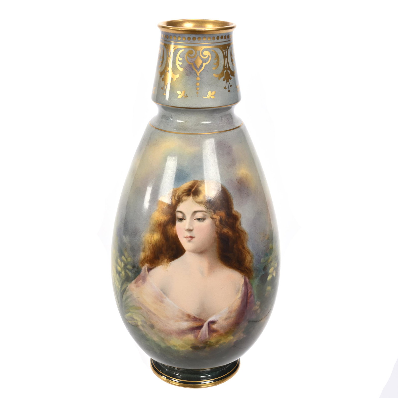 Vase Marked Royal Bonn: Vase Marked Royal Bonn, 14.25" x 6.5", Blue, Yellow And Green Tones, Portrait Of Young Woman With Cottage Scene On Reverse Side, Artist Signed, Elfriede & Marvin Miller Estate, ND.