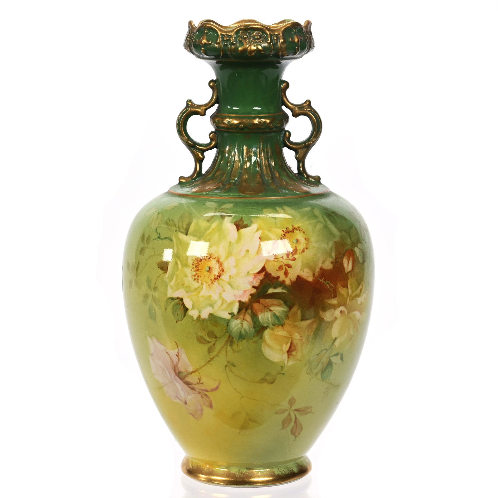Vase Marked Royal Bonn: Vase Marked Royal Bonn, 11.75" x 6.25", Green And Yellow Tones, Floral Decor, Nice Gold Trim, Elfriede & Marvin Miller Estate, ND.