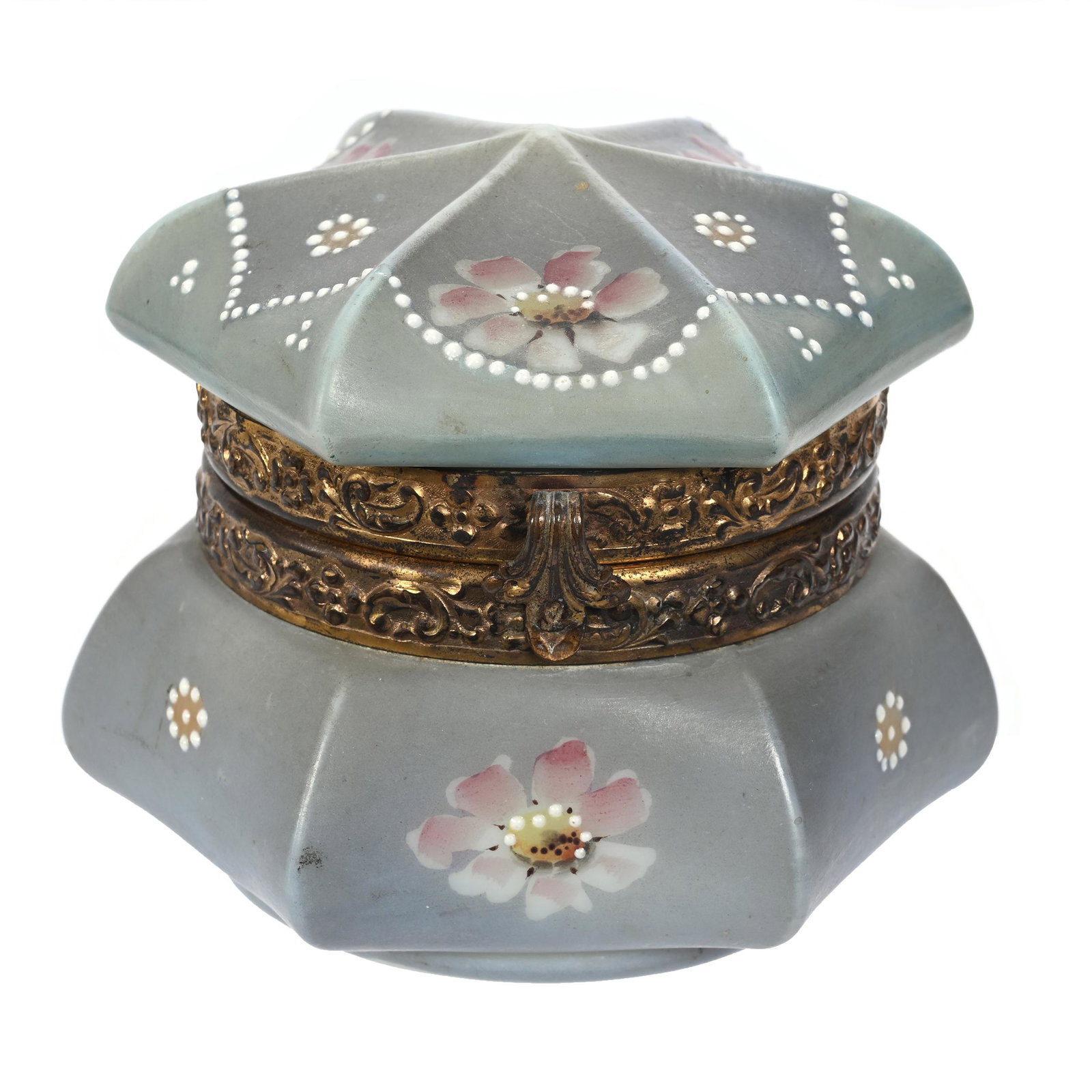 Jewel Box Marked Nakara: Jewel Box Marked Nakara, 3.25" x 3.75", Gray Tones, Pink Floral Decor, White Enamel Beaded Highlights, Original Lining, Clifford Swift Collection, GA.