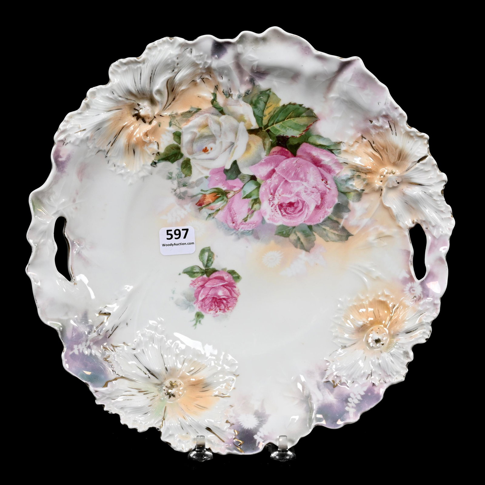 Plate Marked R.S. Prussia: Plate Marked R.S. Prussia, 10.25", Carnation Mold, White Luster Finish, Pink And White Rose Decor, Marvin & Kay Kraus, NE.