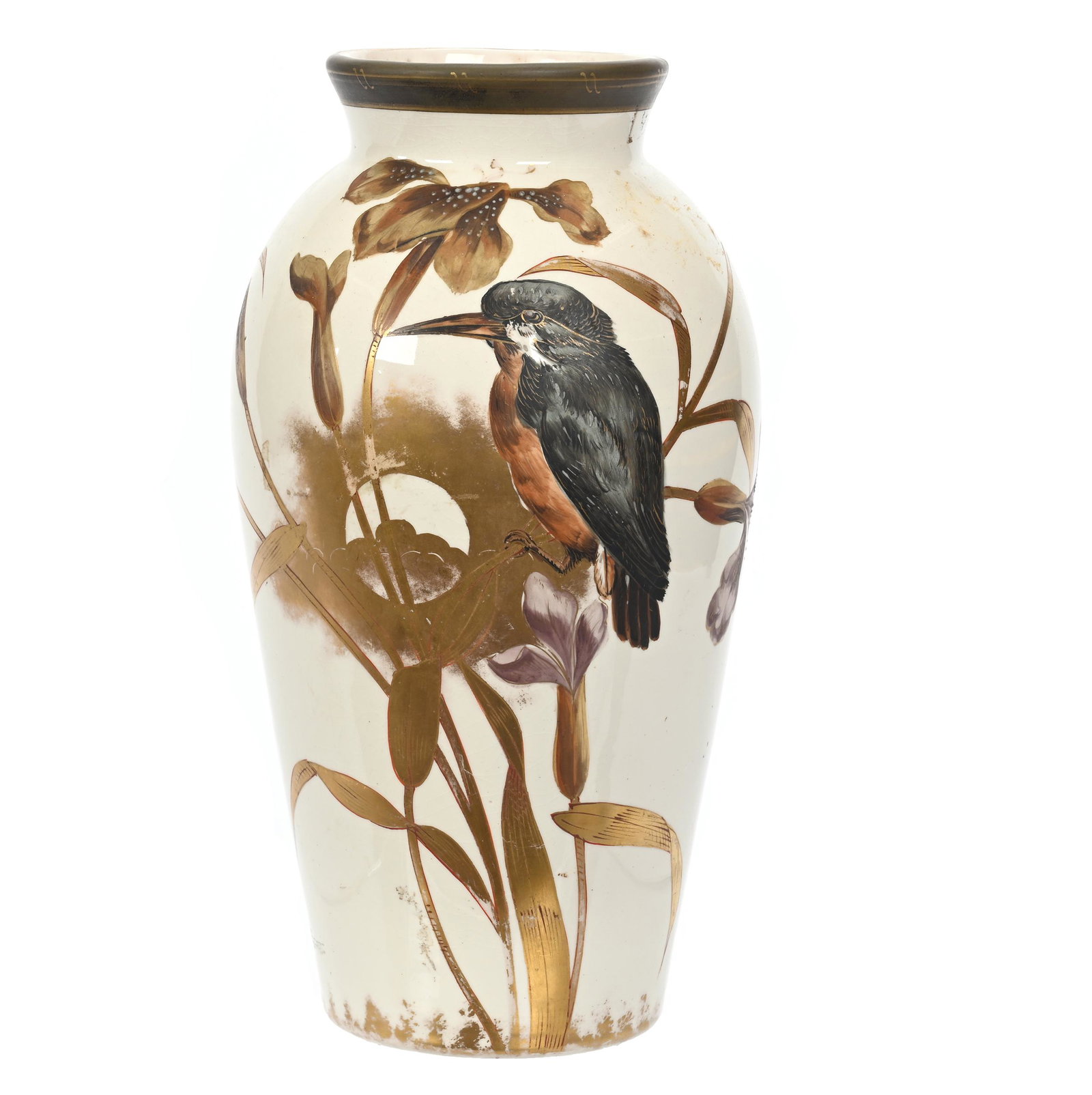 Vase, Unmarked Royal Bonn: Vase, Unmarked Royal Bonn, 11.5" x 6", Cream Tones With Bird, Iris And Moonlight Decor, Elfriede & Marvin Miller Estate, ND.