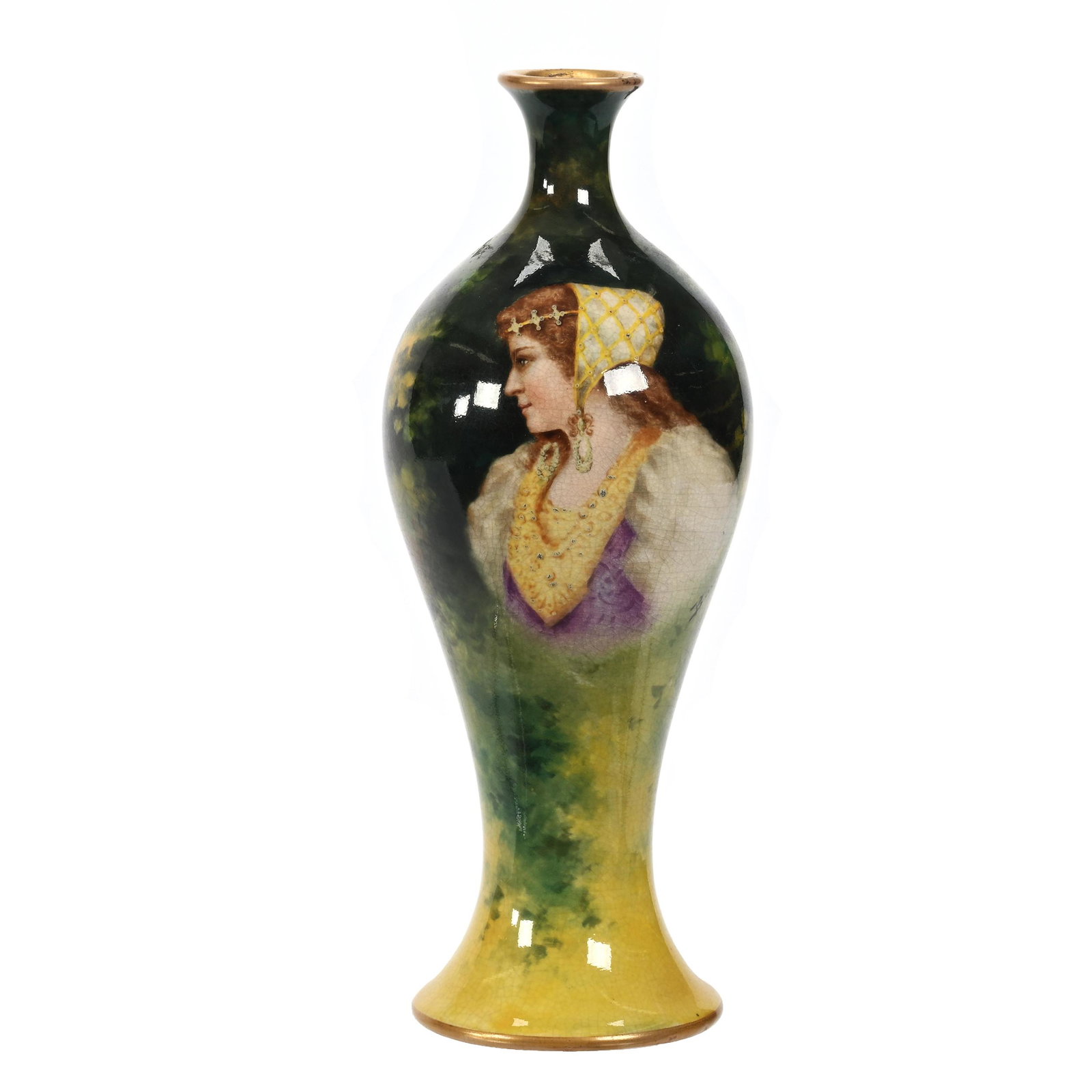 Vase Marked Royal Bonn: Vase Marked Royal Bonn, 9.5" x 3.5", Green And Yellow Tones, Portrait Of Young Woman, Artist Signed Bauer, Elfriede & Marvin Miller Estate, ND.