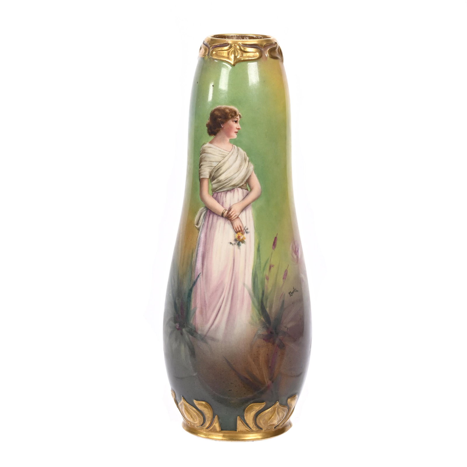 Vase Marked Royal Bonn: Vase Marked Royal Bonn, 12.25" x 4.5", Green, Yellow And Pink Tones, Scene Of Young Woman Holding Flower, Nice Gold Trim Highlights, Elfriede & Marvin Miller Estate, ND.