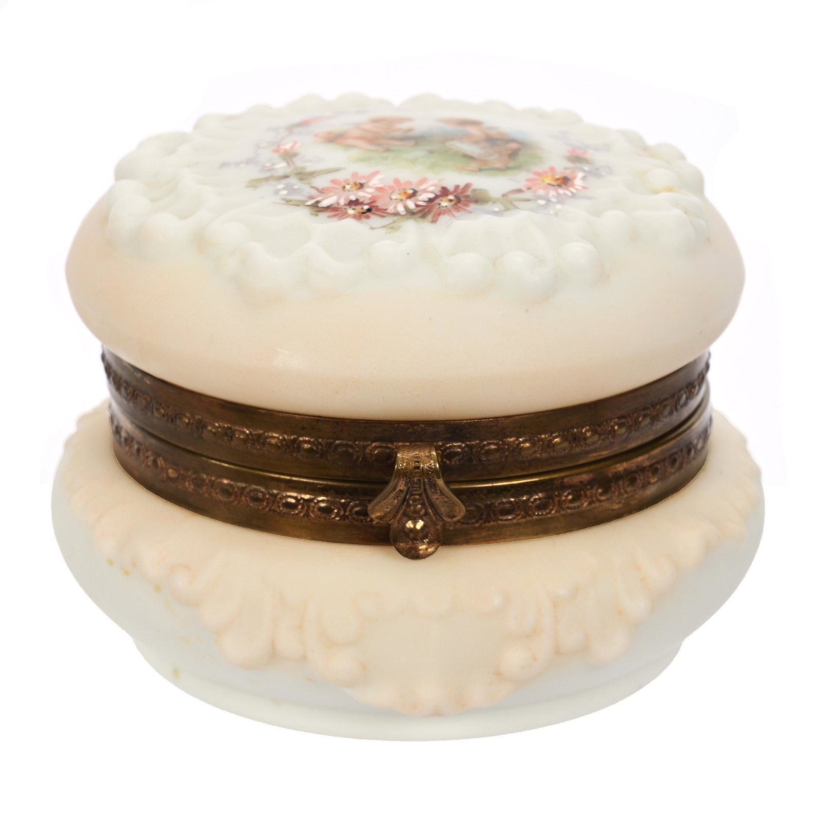Jewel Box, Wave Crest Stamp Mark: Jewel Box, Wave Crest Stamp Mark, 3" x 4", Peach And White Tones, Ruffled Mold, Cherub And Floral Decor, Clifford Swift Collection, GA.