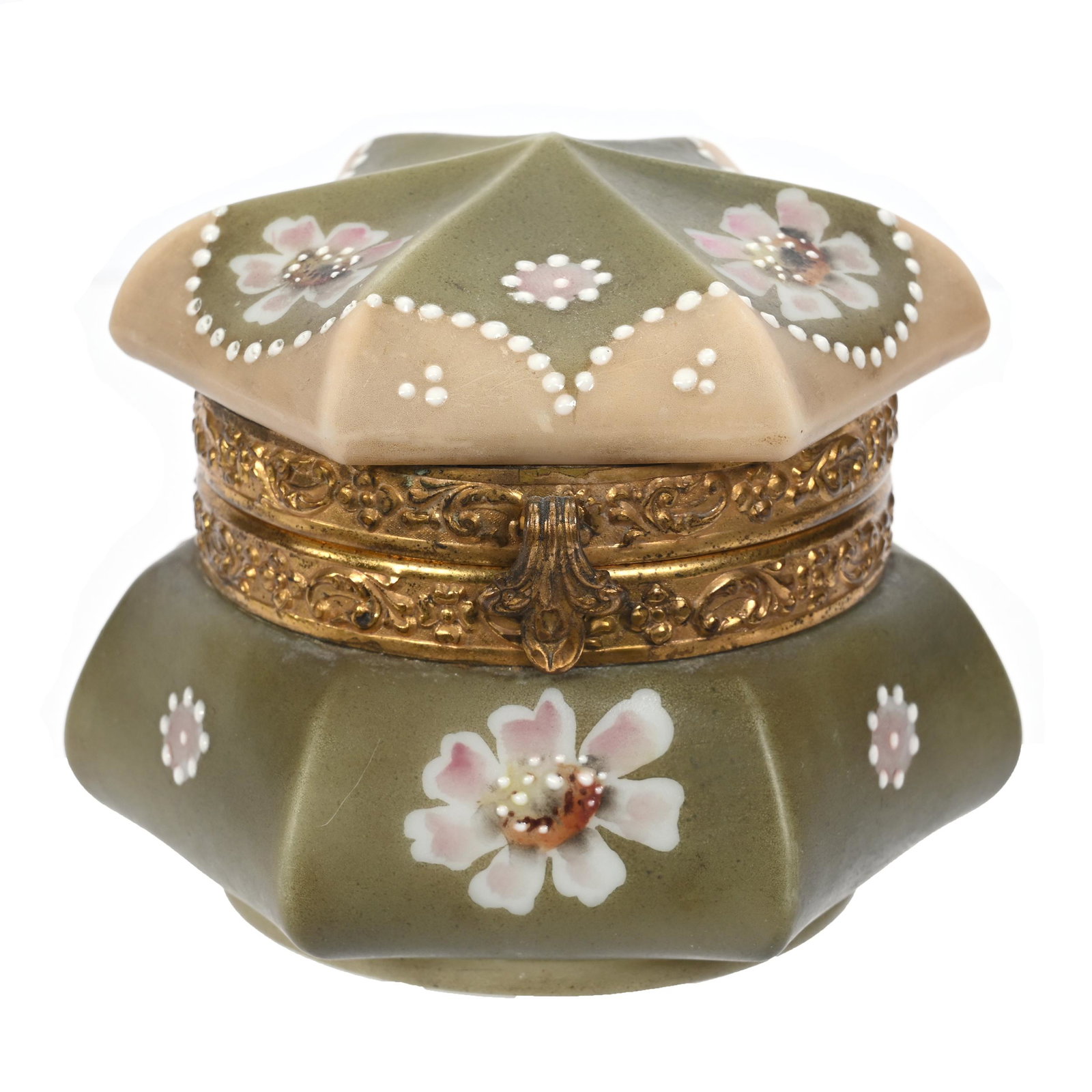 Jewel Box Marked Nakara: Jewel Box Marked Nakara, 3.25" x 3.75", Green And Cream Tones, Pink Floral Decor, White Enamel Beaded Highlights, Original Lining, Clifford Swift Collection, GA.