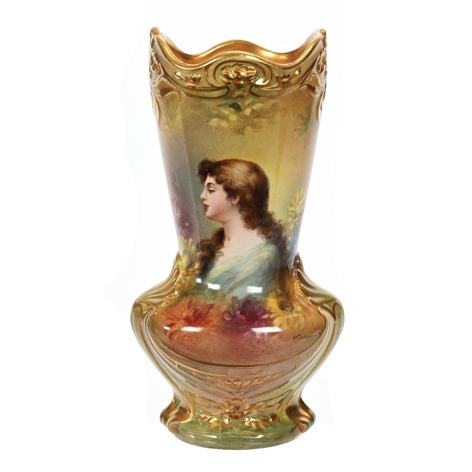 Vase Marked Royal Bonn: Vase Marked Royal Bonn, 8.75" x 4.5", Green And Yellow Tones, Portrait Of Young Woman, Nice Gold Trim Highlights, Elfriede & Marvin Miller Estate, ND.