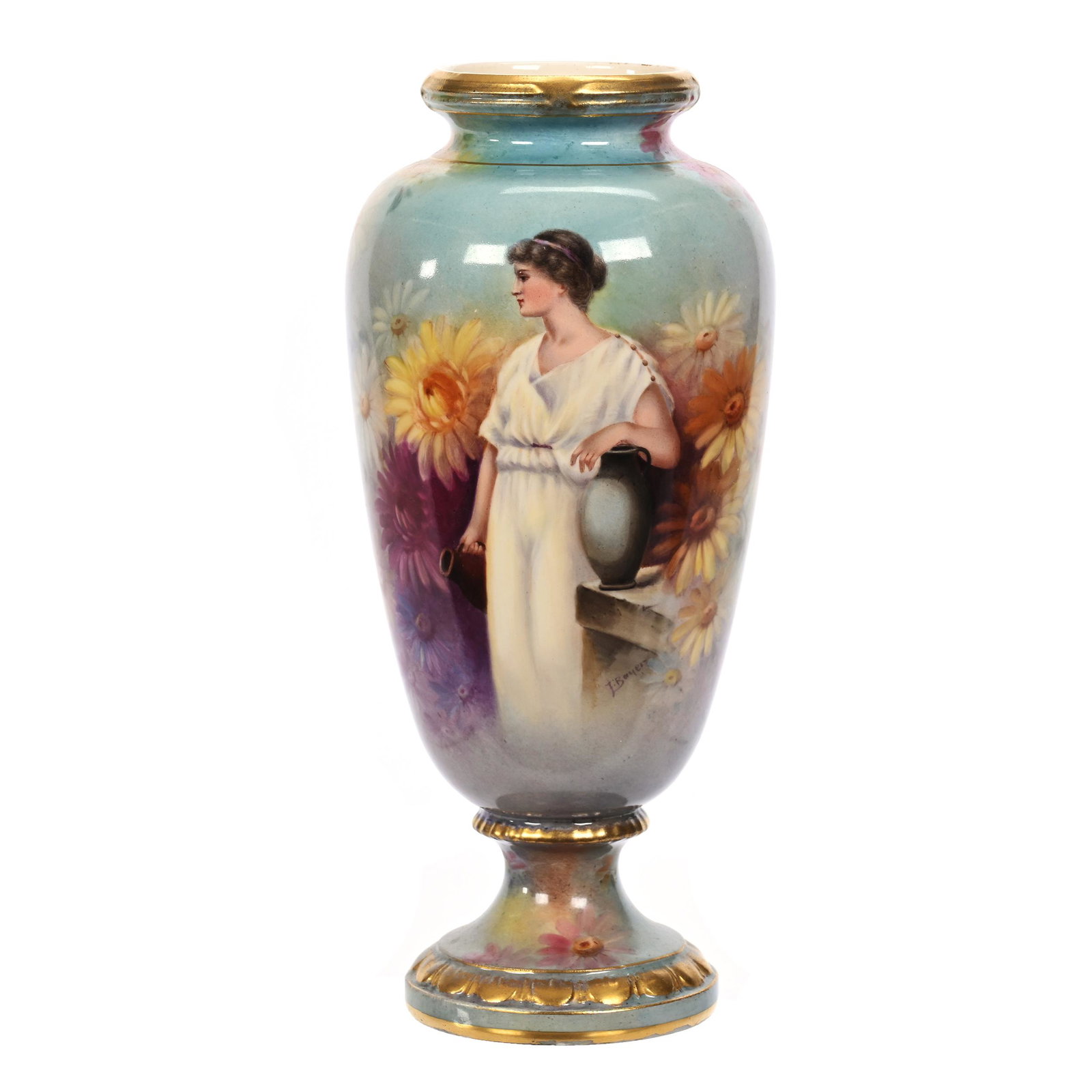Pedestal Vase Marked Royal Bonn: Pedestal Vase Marked Royal Bonn, 10.25" x 4.25", Blue, Yellow, Lavender Tones, Scene Of Woman Standing Near Wall With Two Water Vessels, Nice Quality, Artist Signed, Elfriede & Marvin Miller Estate, N