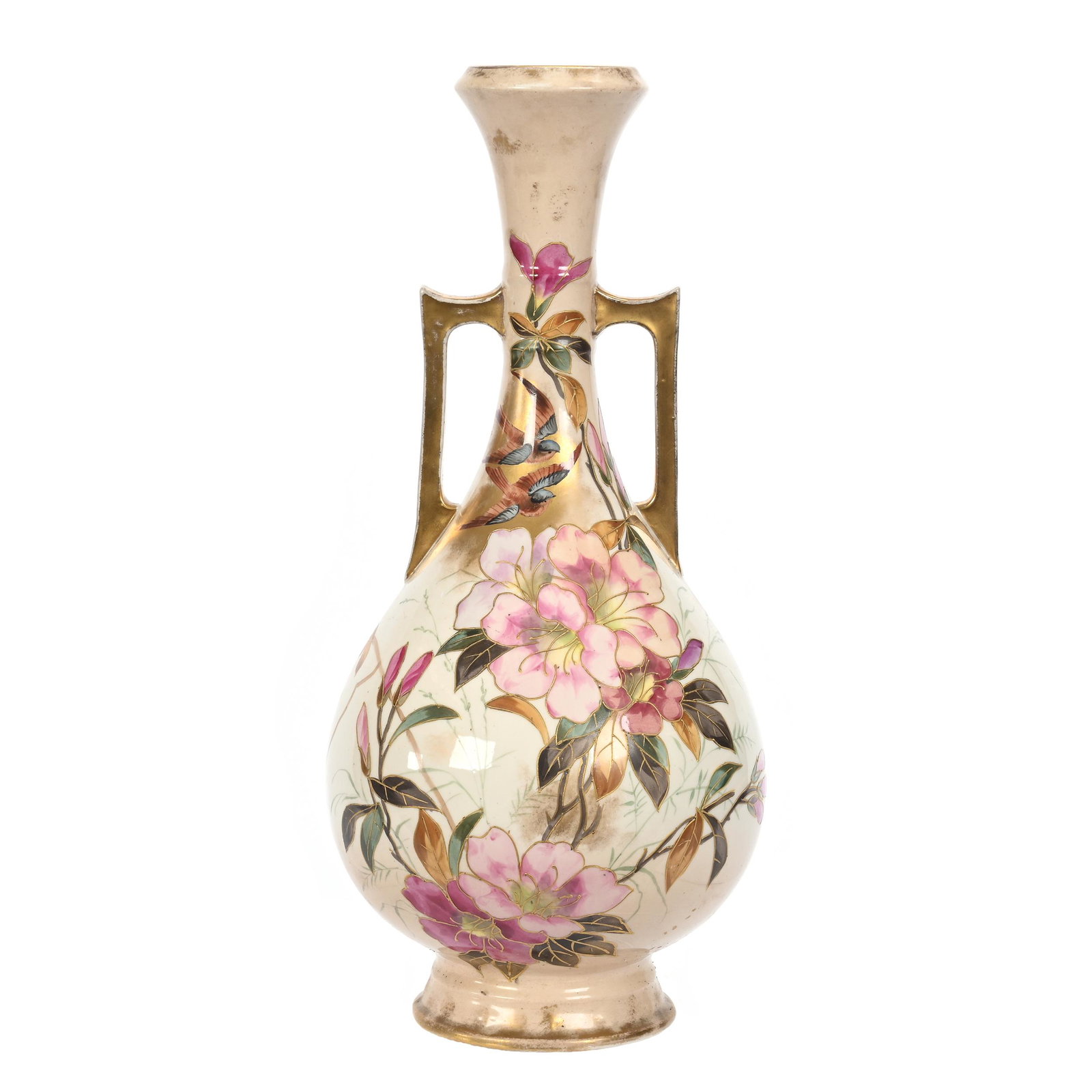 Vase Marked Royal Bonn: Vase Marked Royal Bonn, 15.75" x 6.5", Cream Tones, Colorful Large Floral Blossom And Bird Decor, Elfriede & Marvin Miller Estate, ND.