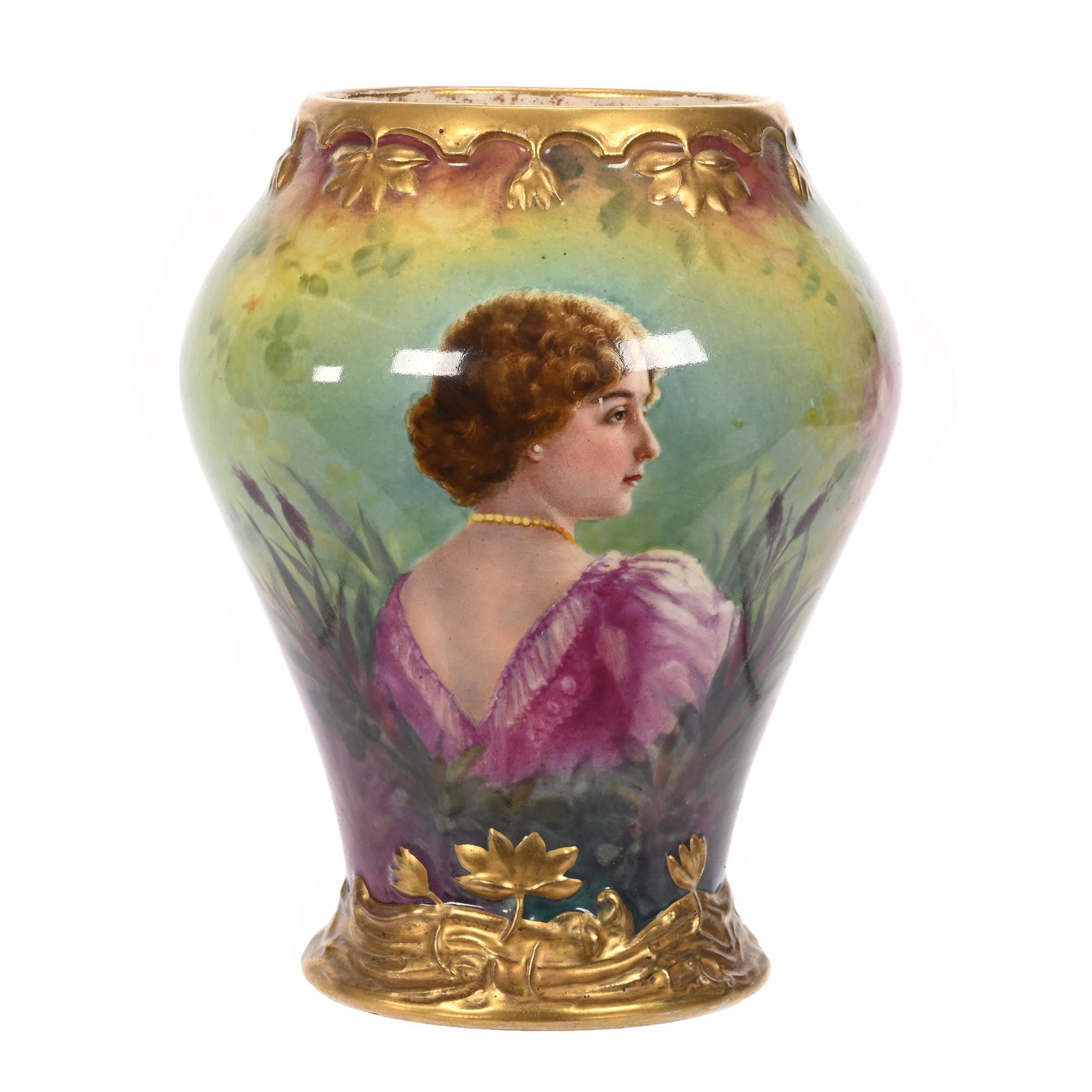 Vase, Unmarked Royal Bonn: Vase, Unmarked Royal Bonn, 7" x 5.5", Green And Yellow Tones, Portrait Of Young Woman, Nice Gold Trim Border, Elfriede & Marvin Miller Estate, ND.