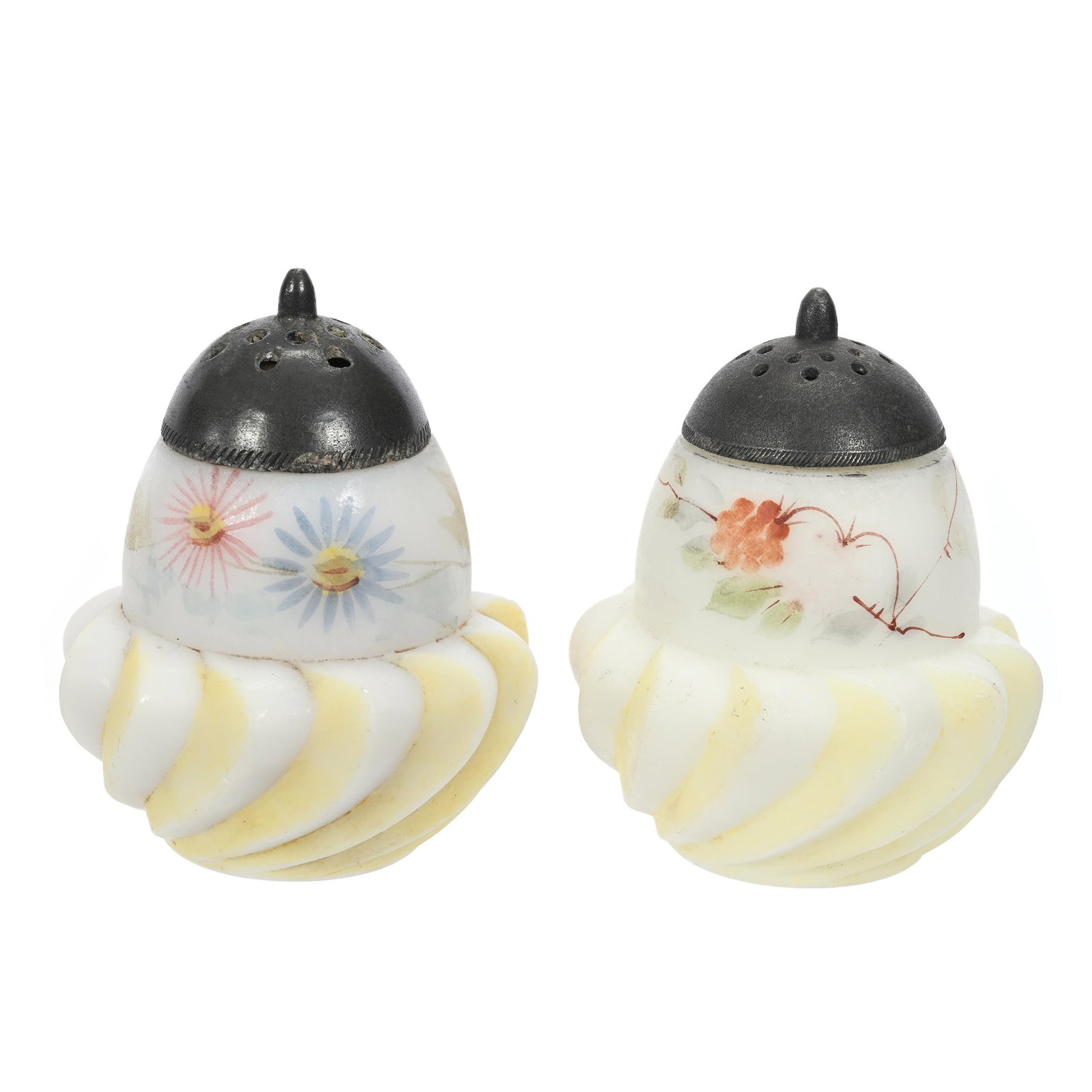 Pair Salt & Pepper Shakers, Opal Ware: Pair Salt & Pepper Shakers, Opal Ware, 2.75" x 2.25", Yellow Highlights, Idaho Private Collection.