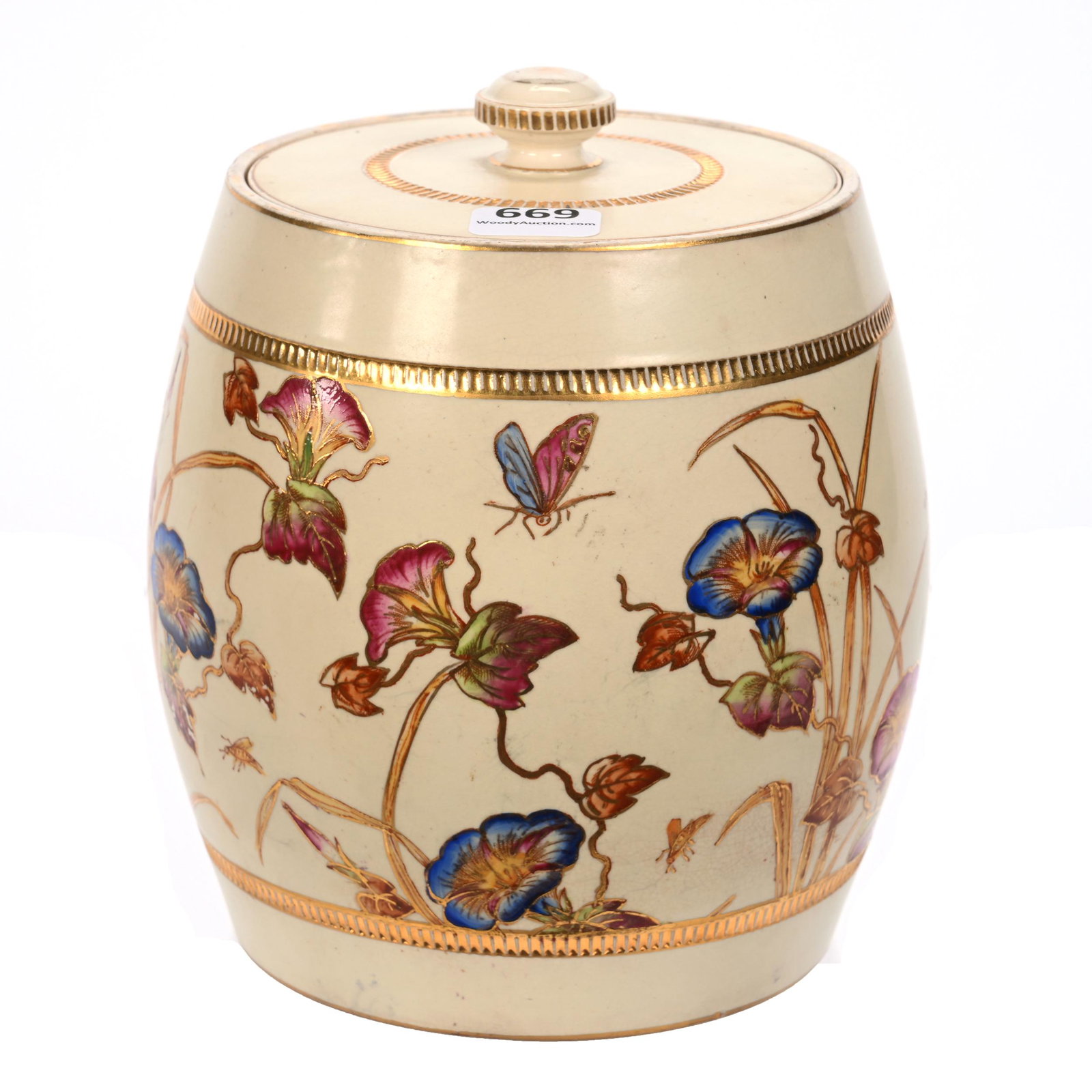 Biscuit Jar Marked Crown Vellum: Biscuit Jar Marked Crown Vellum, 6.5" x 5", Cream Tones, Colorful Morning Glory And Insect Decor, Nice Gold Trim, Small Outside Rim Nick, Idaho Private Collection.
