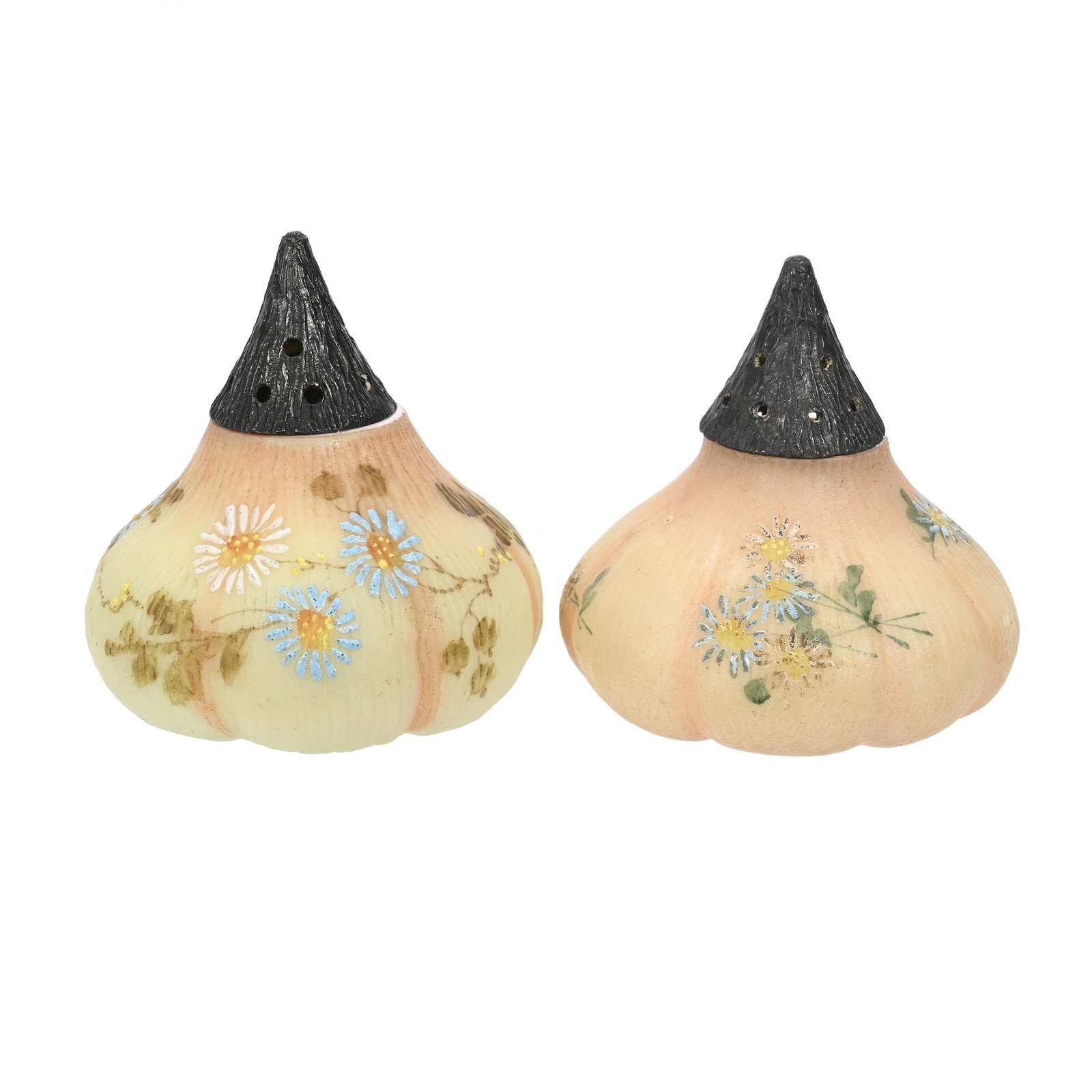 Salt & Pepper Set, Mt. Washington Burmese: Salt & Pepper Set, Mt. Washington Burmese, 2.5" x 2.5", Fig Shape, Enamel Floral Decor, Idaho Private Collection.