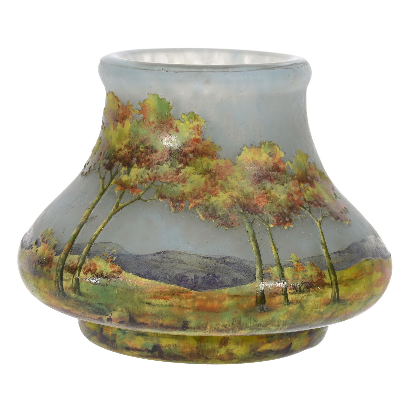 Vase Signed Daum Nancy French Cameo Art Glass: Vase Signed Daum Nancy French Cameo Art Glass, 3" X 3.75", Mottled Blue And White Ground With Cameo Carved Tree And Hill Scenic Decor, Colorful Enamel Highlights, Artist Signed, This Vase Is Genuine D