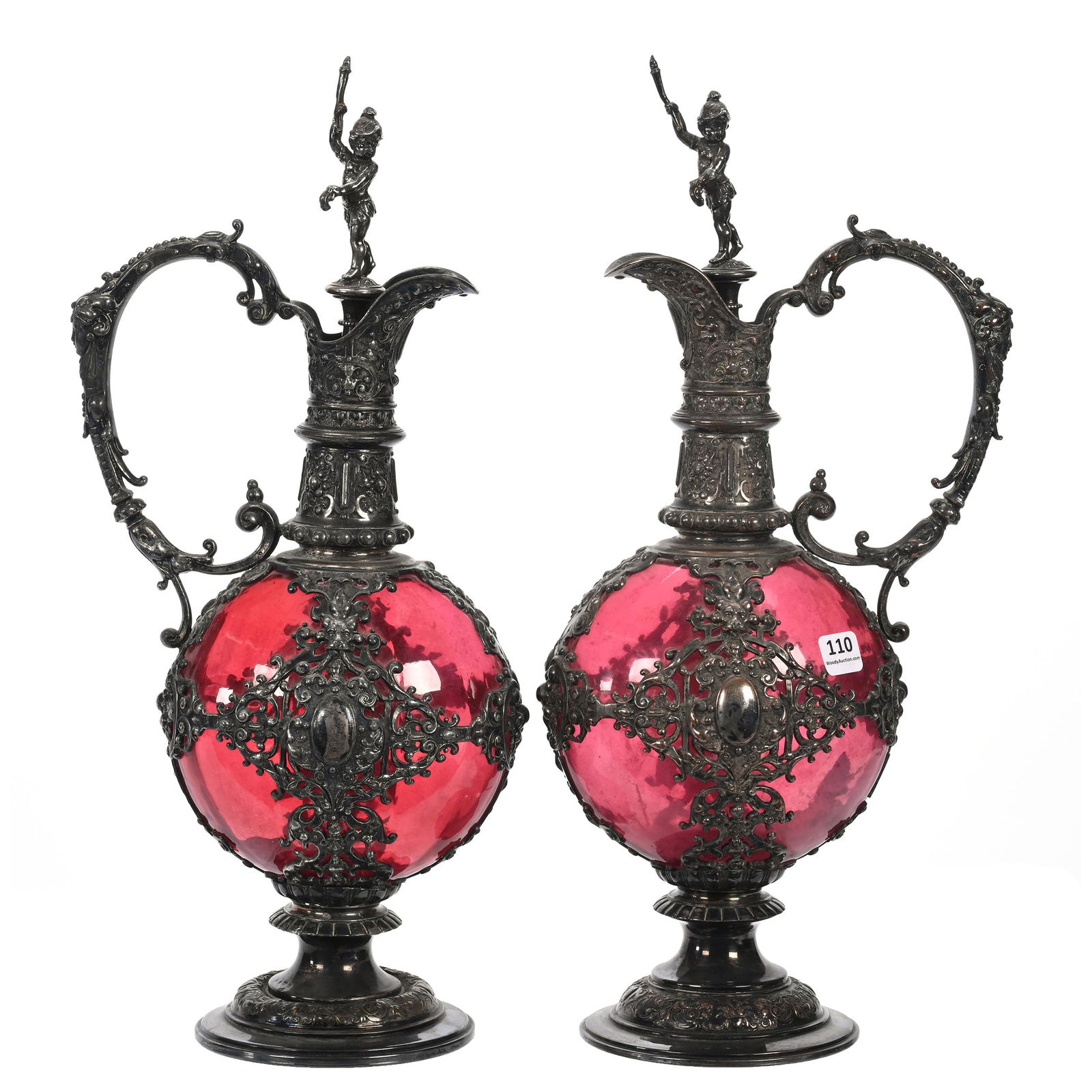 Pair Pedestal Decanters, Cranberry Art Glass Body (1 of 3)