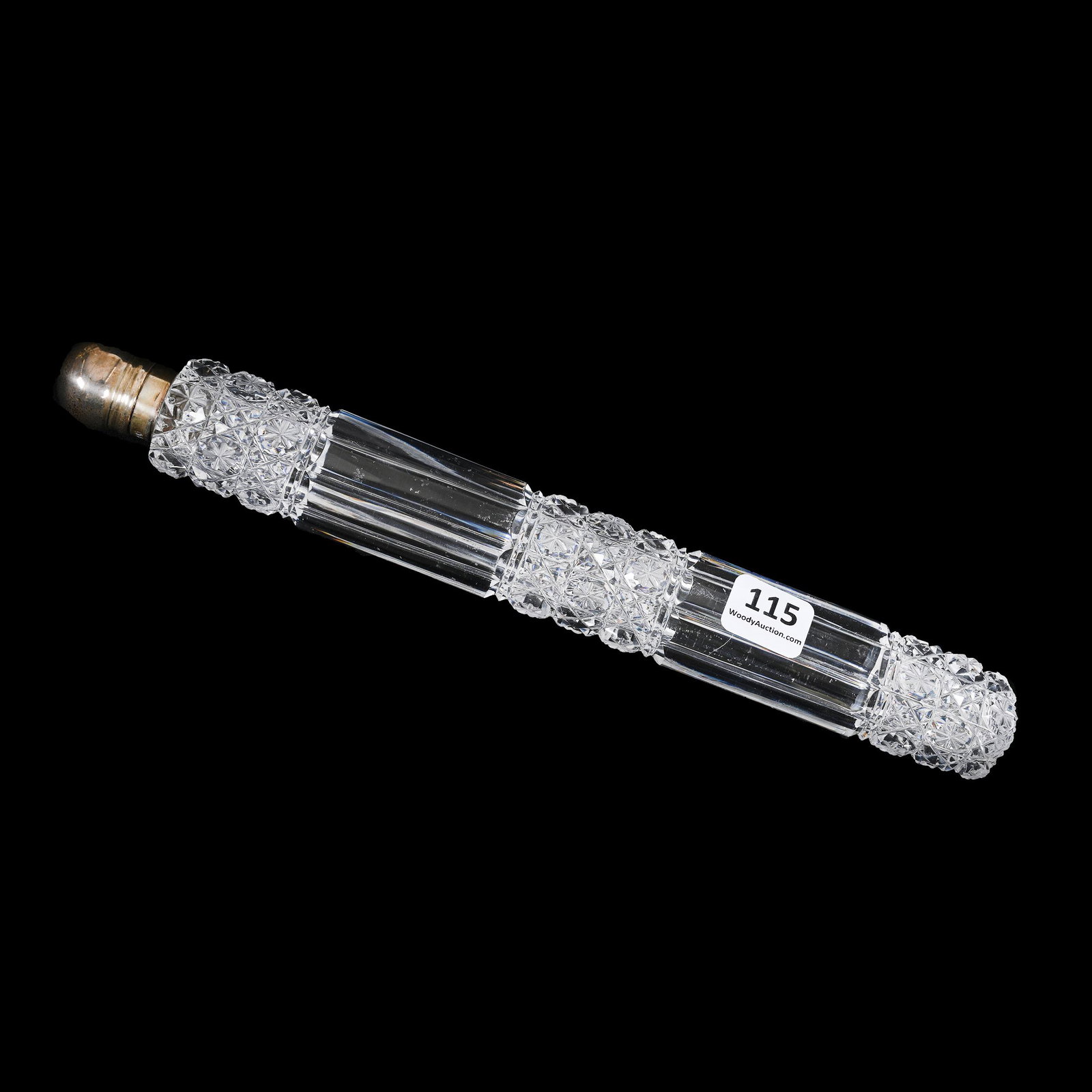 Laydown Perfume, American Brilliant Cut Glass: Laydown Perfume, American Brilliant Cut Glass, 10.25" x 1.5", Pillar And Star Motif, English Silver Screw On Lid, The Ron Blessing Estate Collection, Kearney, Nebraska.