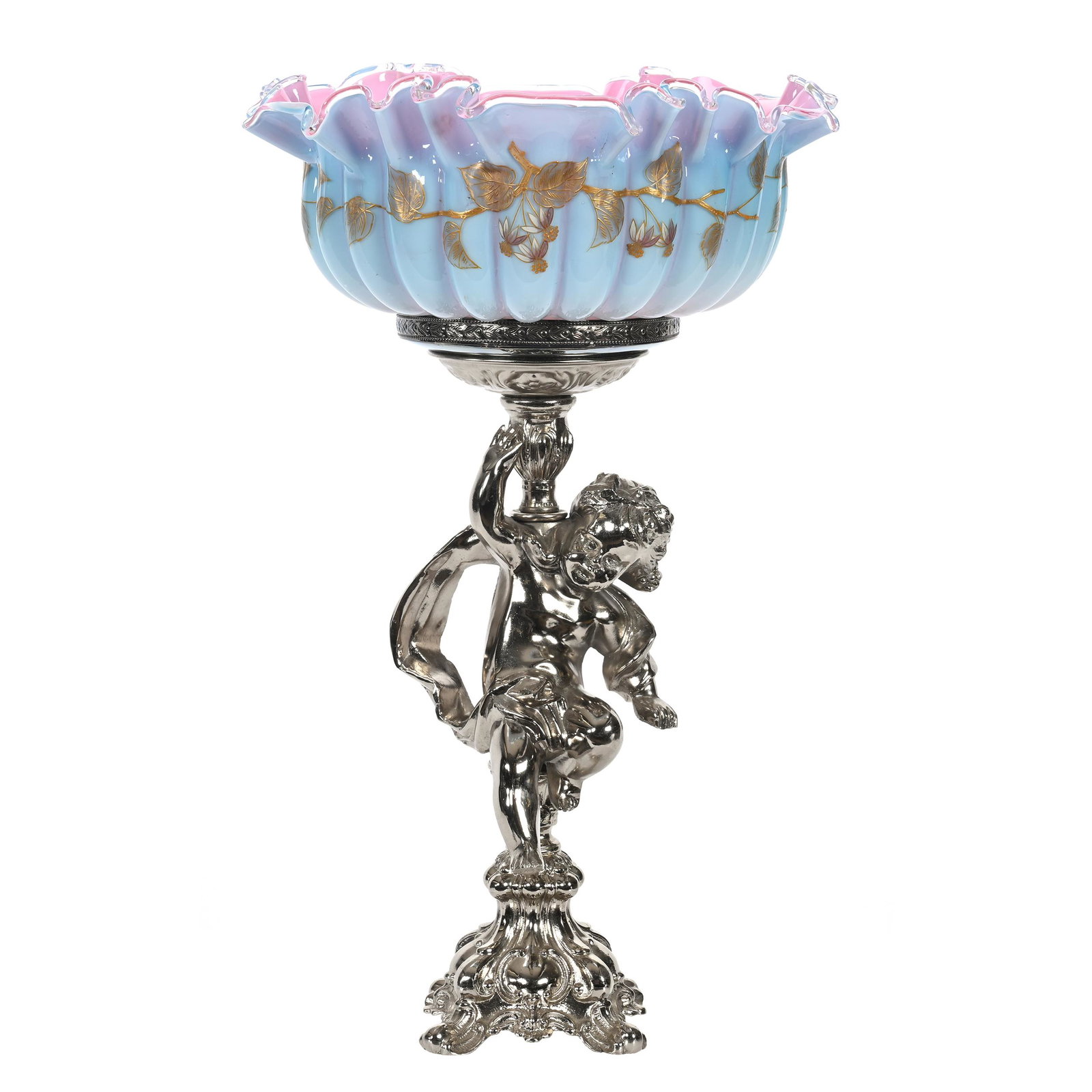 Victorian Brides Basket: Victorian Brides Basket, 18.5" x 11.75", Blue Cased Melon Ribbed Art Glass Bowl, Pink Interior, Enamel Branch And Blossom Decor By Webb, Set On Unmarked Silverplate Stand Featuring Full Figure Putti, 